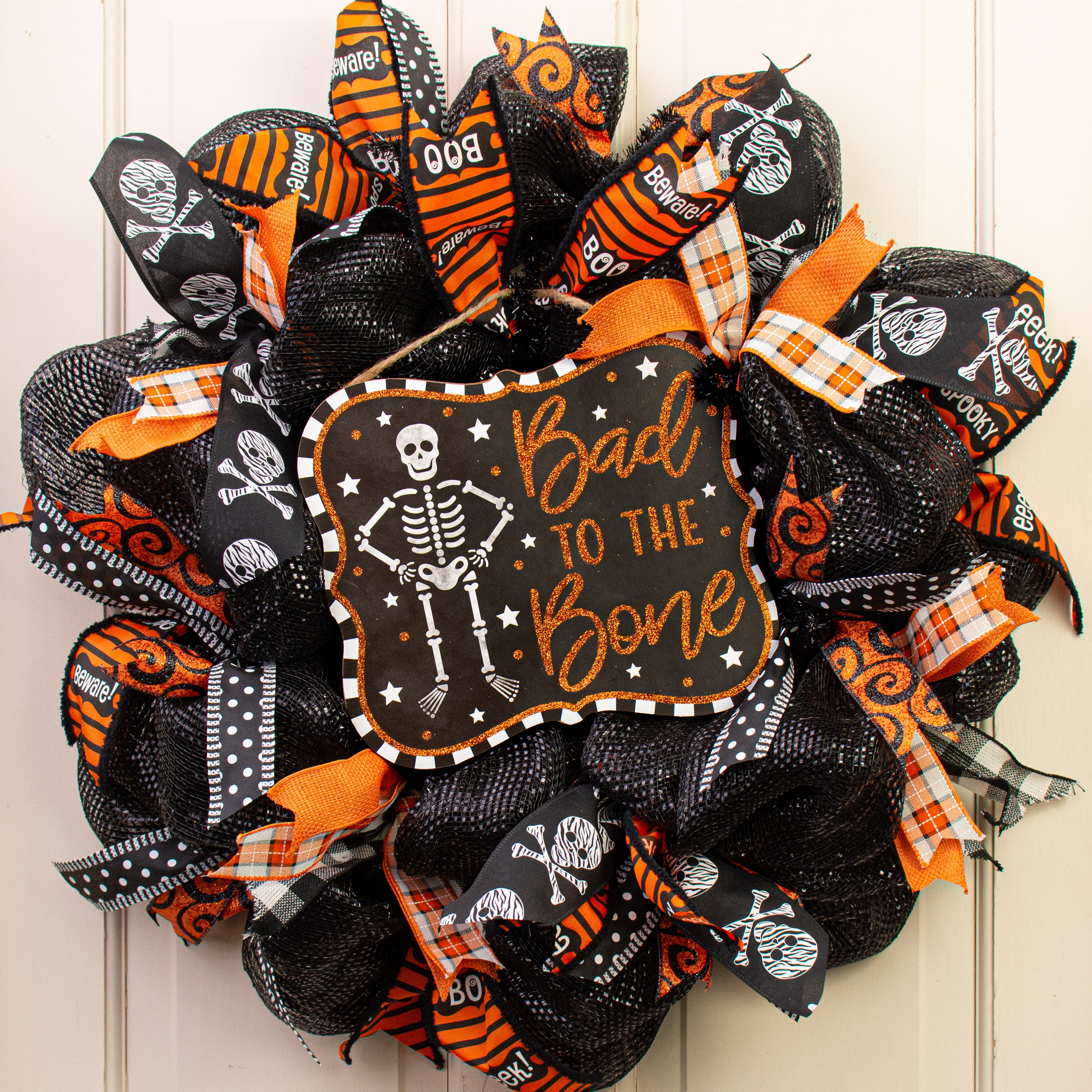 10" Scalloped Wooden Sign: Bad to the Bone Skeleton Lifestyle Photo