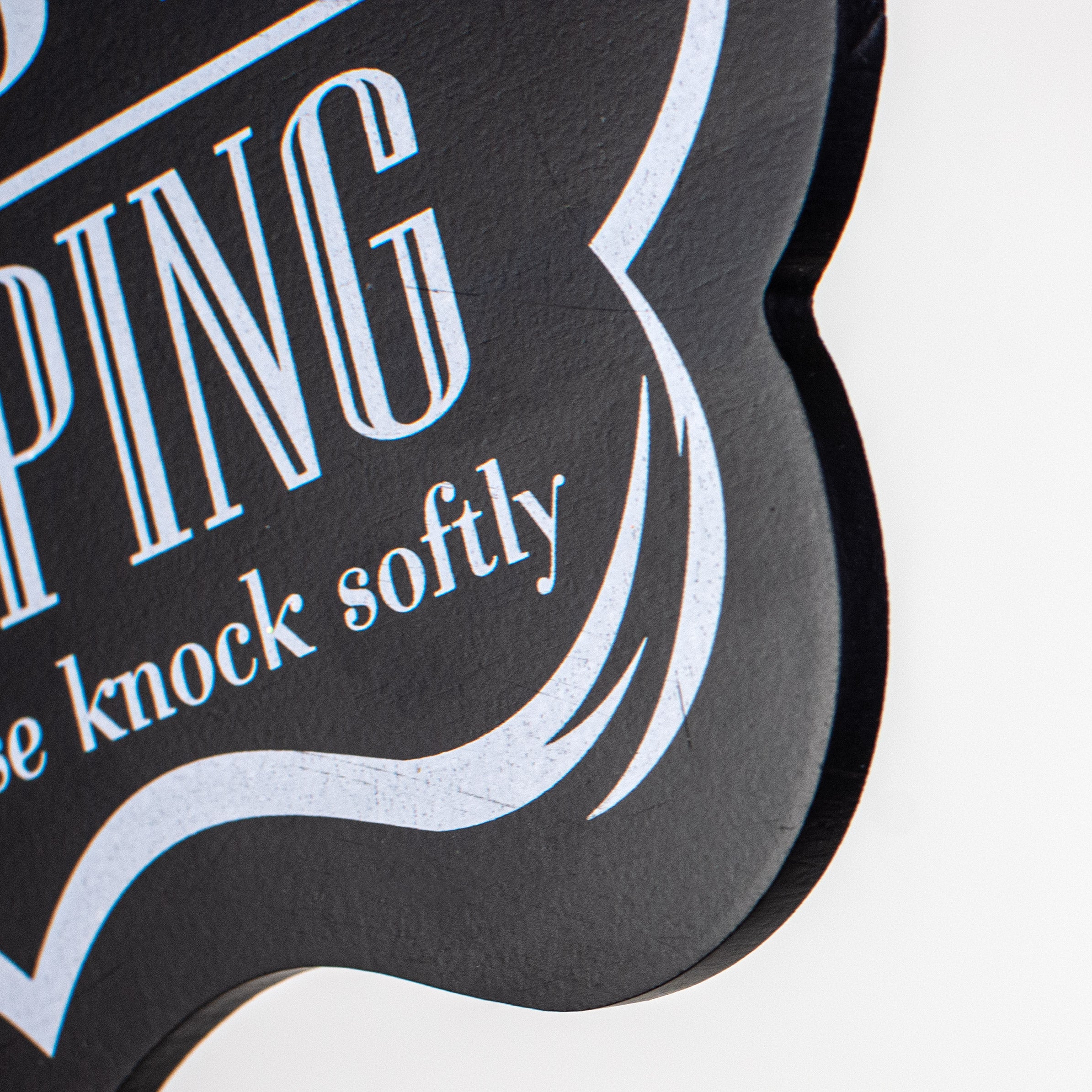 9" Scalloped Wooden Sign: Shh Baby Sleeping, Please Knock detail photo 3