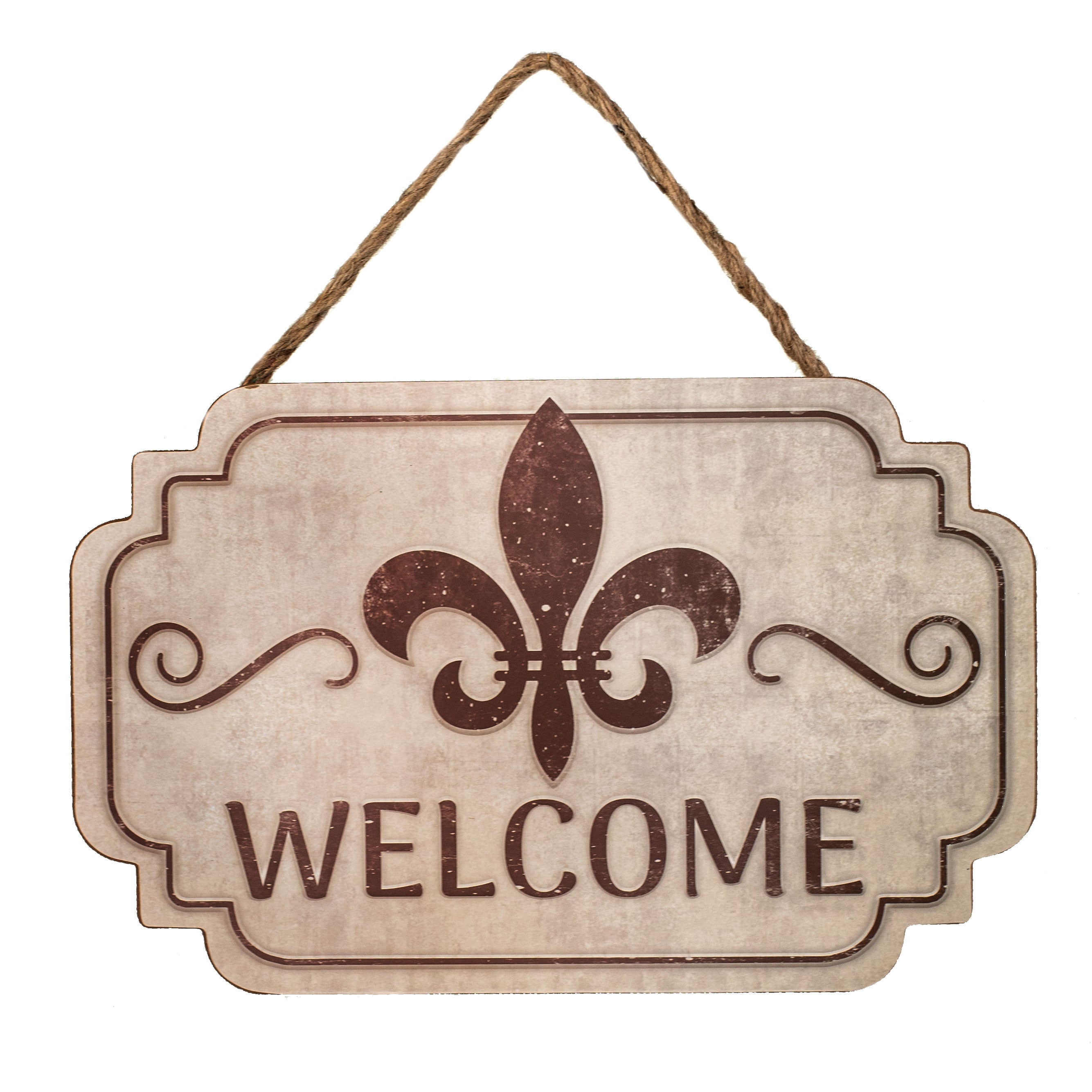 12" Scalloped Wooden Sign: Welcome Fleur de Lis Item Number: AP839604