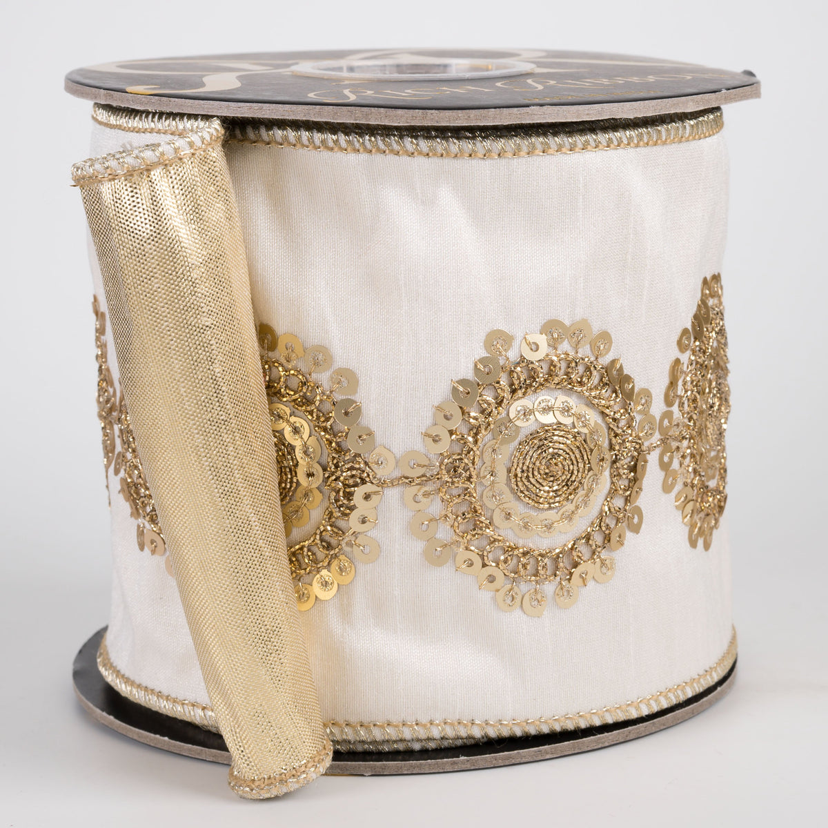4" Sequin Embroidered Dupioni & Metallic Dupioni Fused Ribbon: Ivory & Gold (5 Yards) Item Number: RR0046