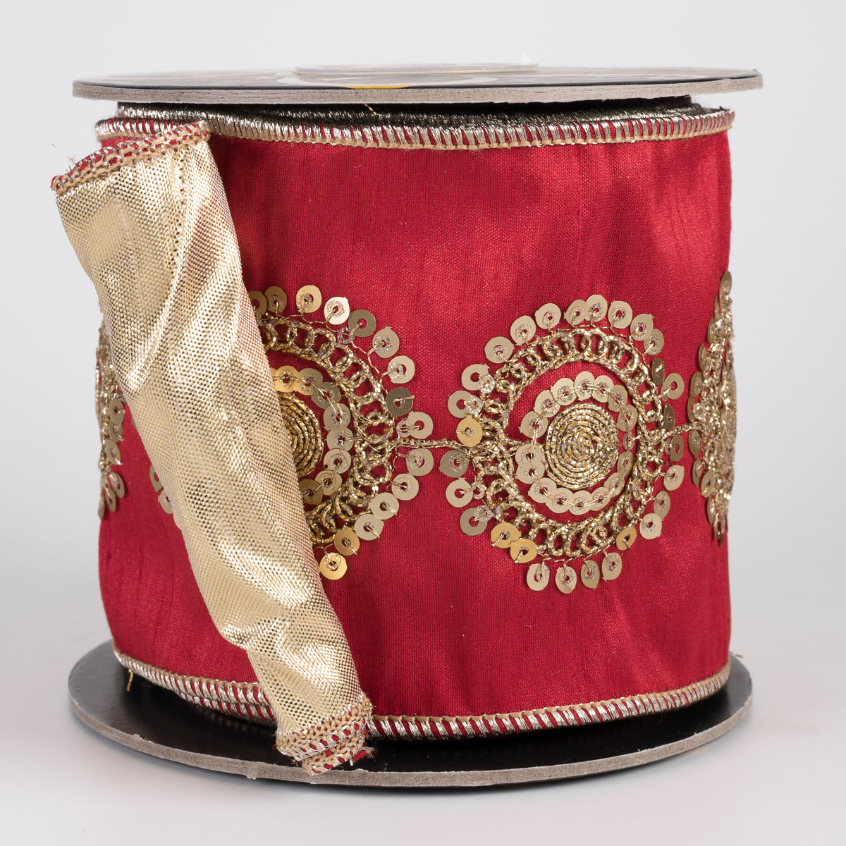 4" Sequin Embroidered Dupioni & Metallic Dupioni Fused Ribbon: Red & Gold (5 Yards) Item Number: RR0022