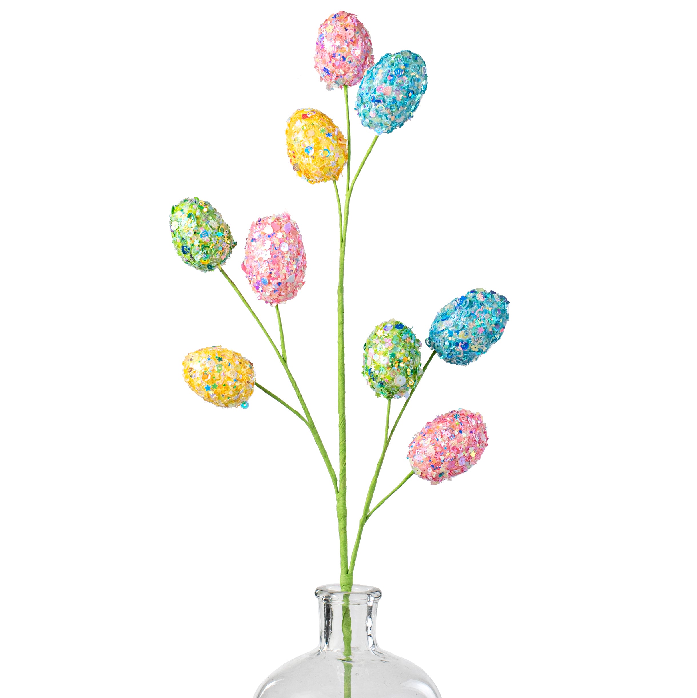 29" Sequin Glitter Easter Egg Spray: Iridescent Pink, Yellow, Green Item Number: HE4200