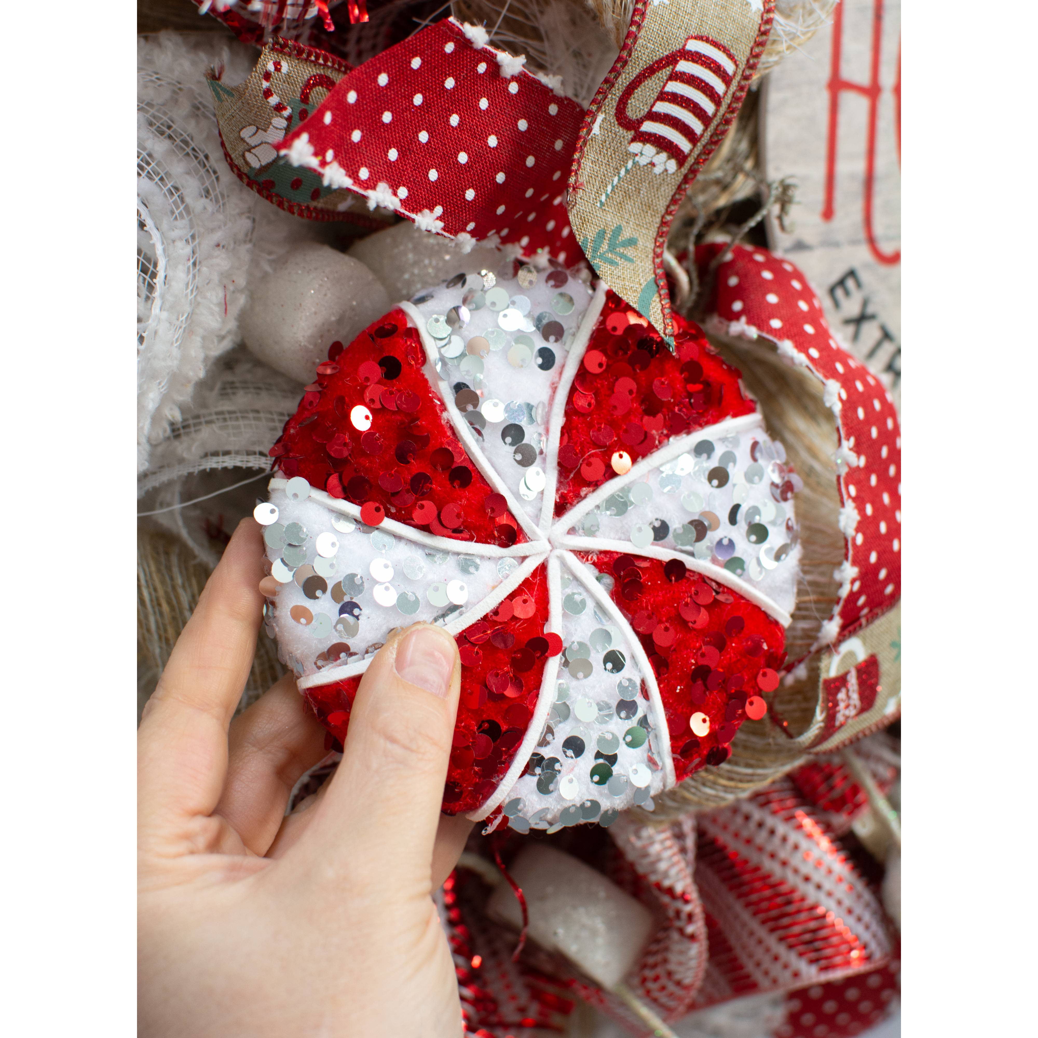 4.75" Sequin Peppermint Ornament: Red & White Lifestyle Photo