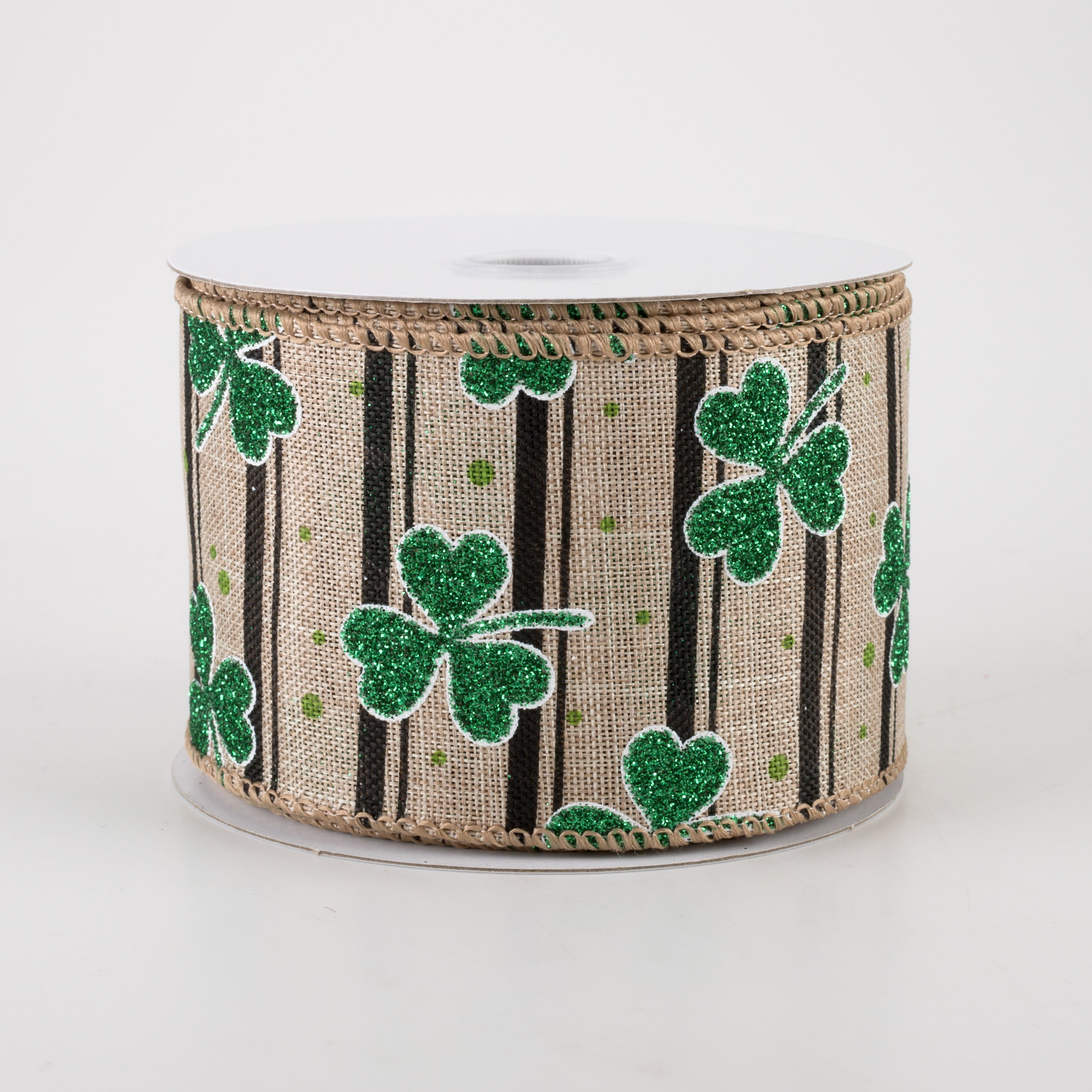 2.5" Shamrocks & Stripes Ribbon: Natural & Black (10 Yards) Item Number: 21212-40-15