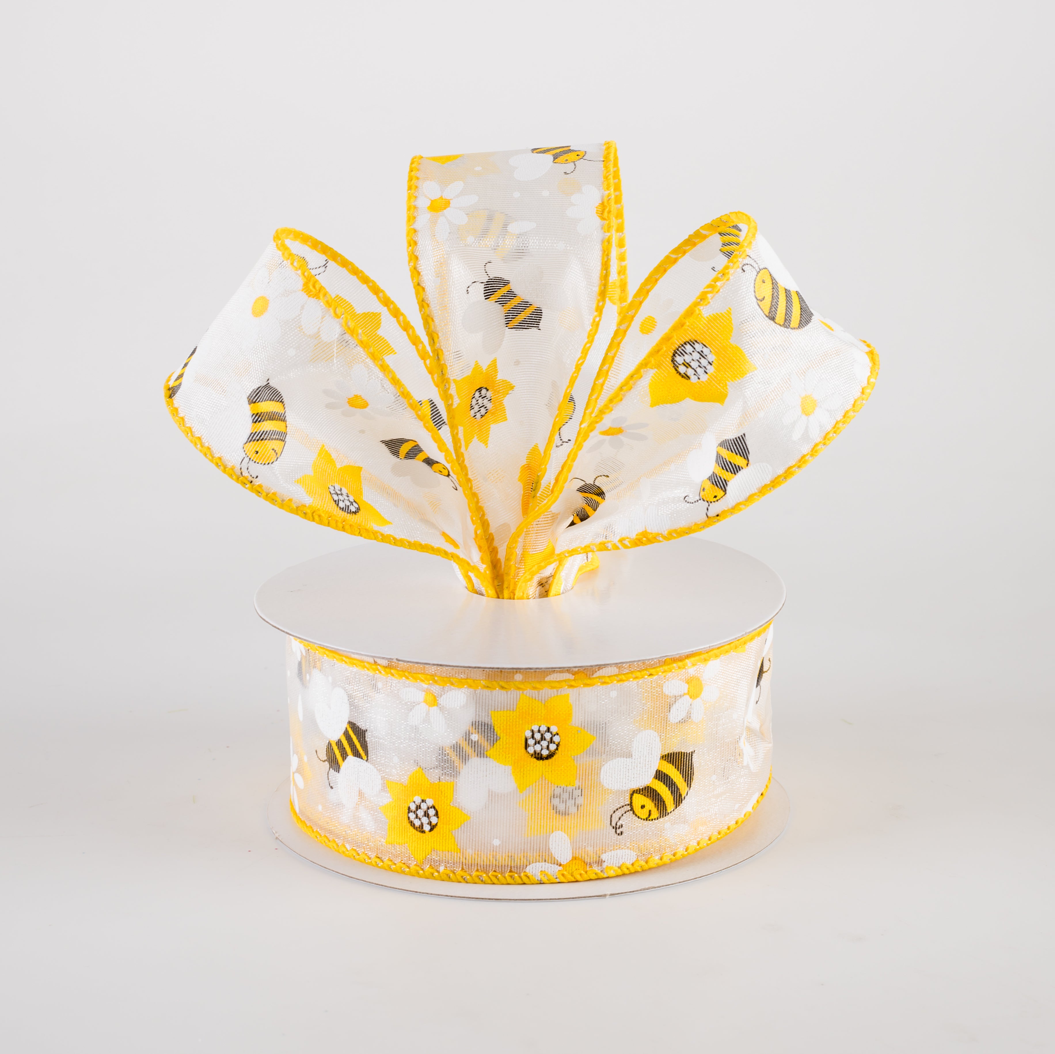 1.5" Sheer Happy Bumble Bees and Daisies Ribbon (10 Yards) Lifestyle Photo
