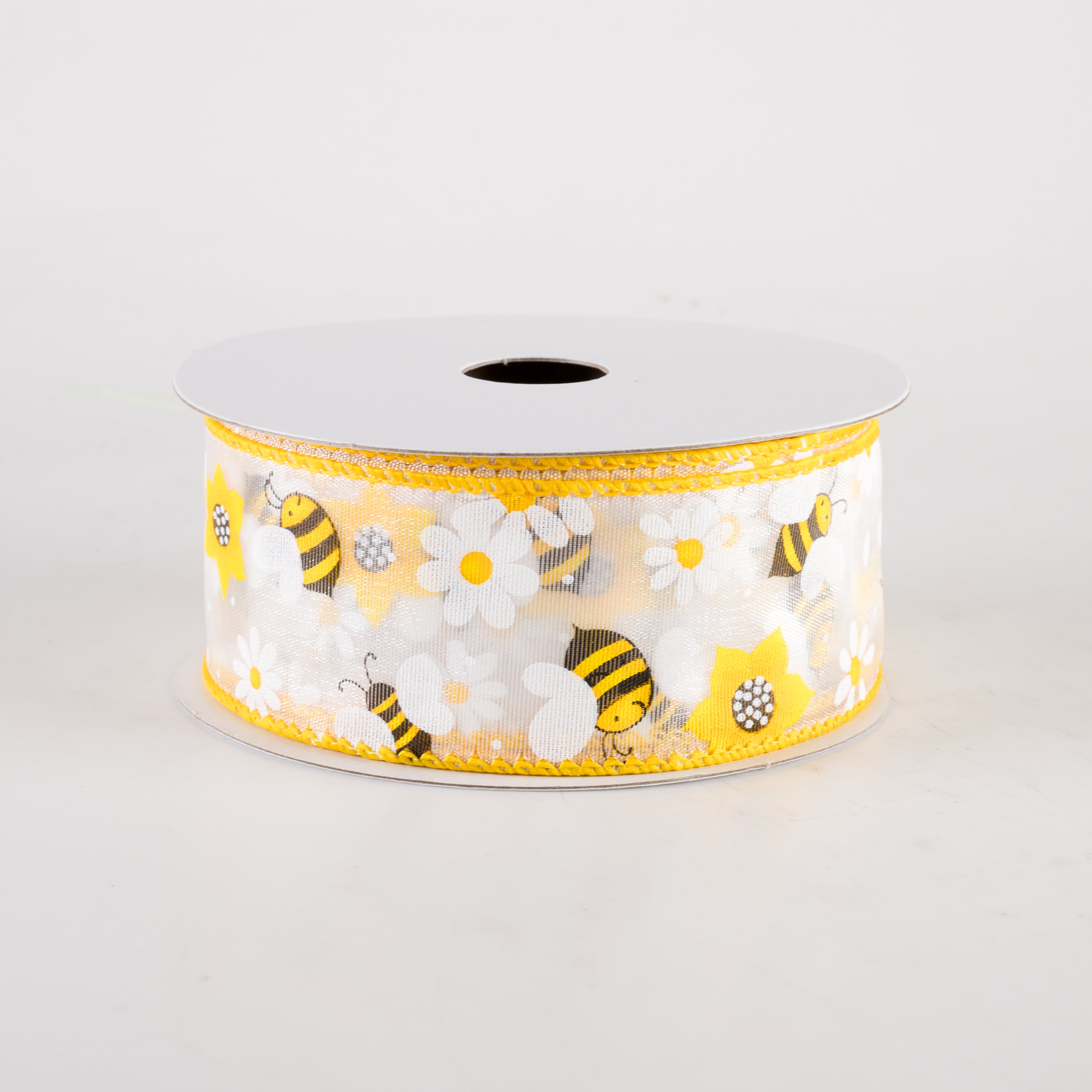 1.5" Sheer Happy Bumble Bees and Daisies Ribbon (10 Yards)