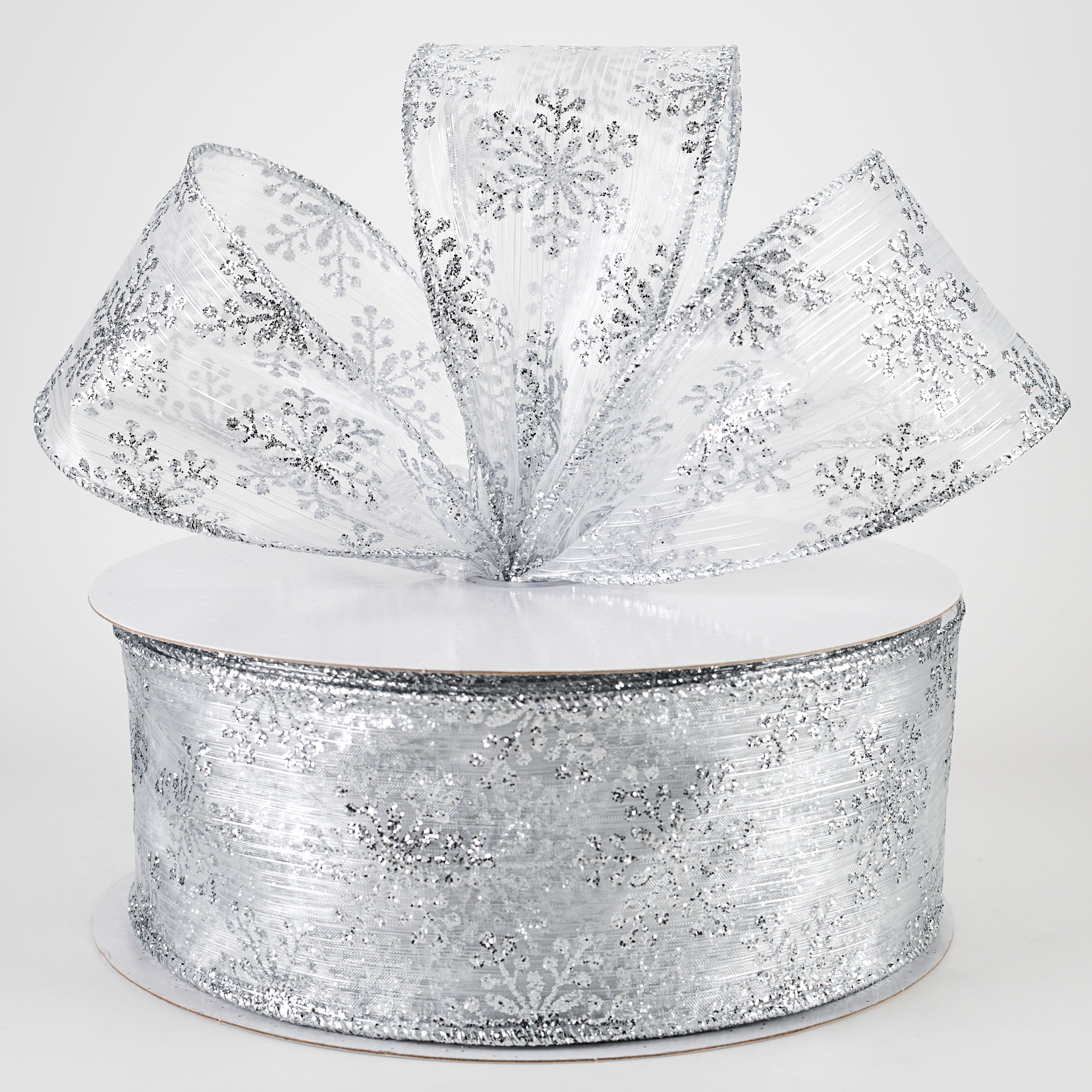 2.5" Sheer Metallic Snowflake Ribbon: Silver (50 Yards) Lifestyle Photo