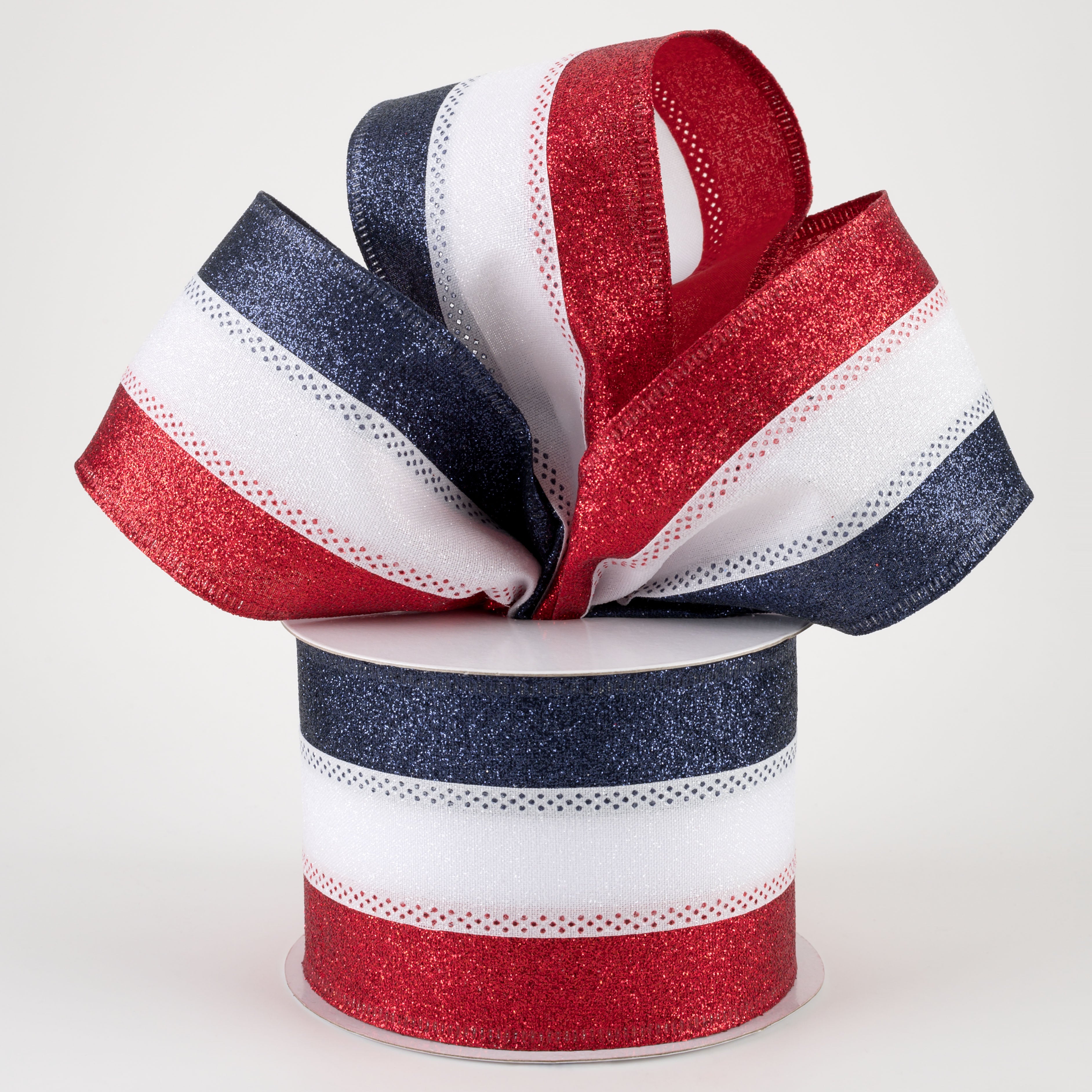 2.5" Shimmer Glitter Stripe Ribbon: Red, White, Navy Blue (10 Yards) Lifestyle Photo
