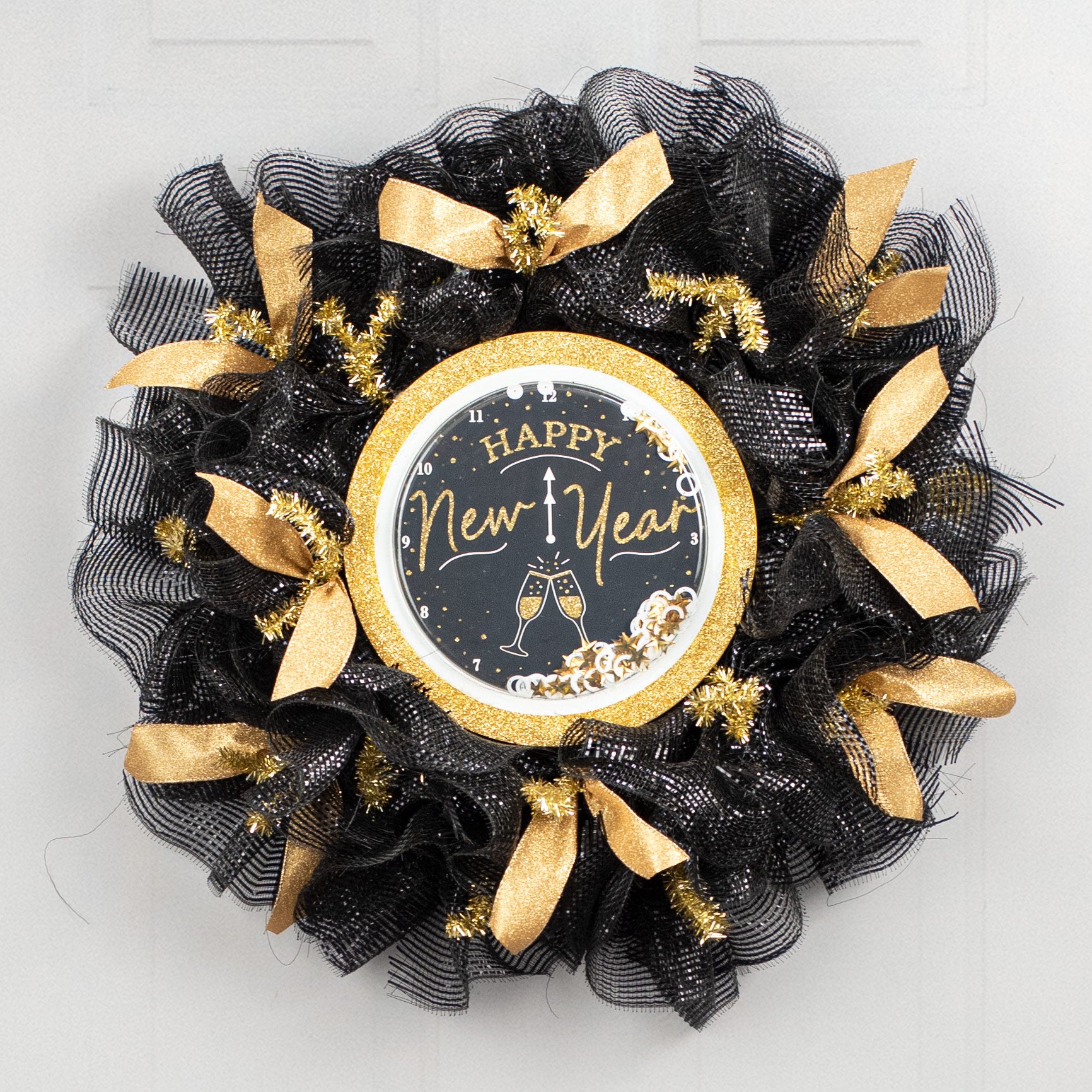 10" Shiny Happy New Year Clock Sign: Black & Gold Lifestyle Photo