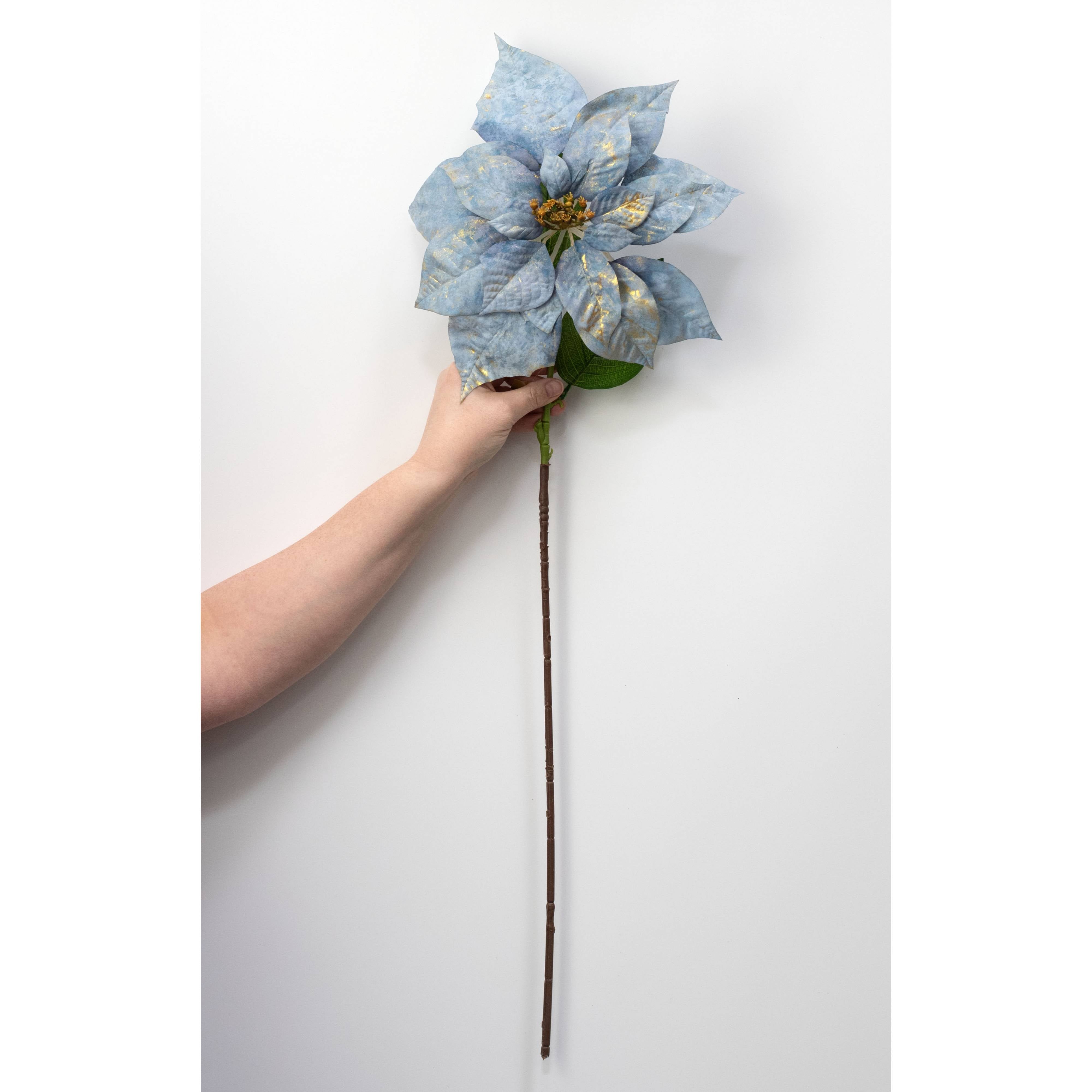 13" x 28" Silk Poinsettia Stem: Blue & Gold detail photo 3