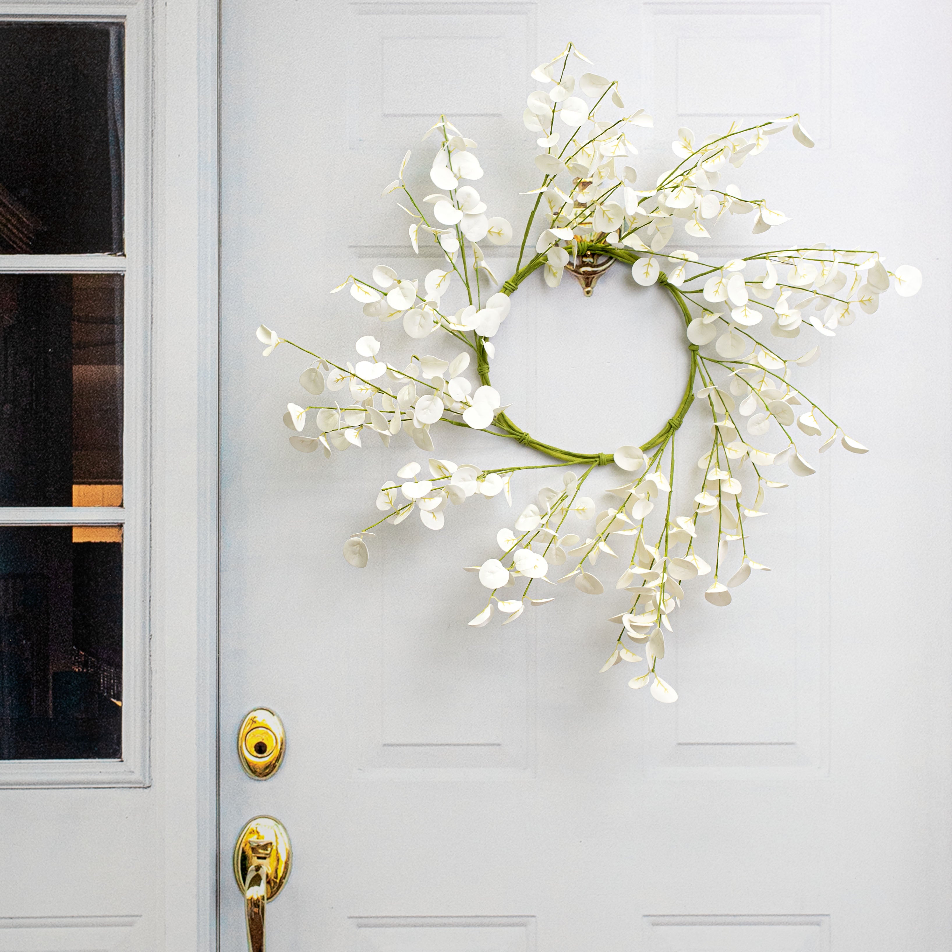 24" Silver Dollar Eucalyptus Wreath: White Lifestyle Photo