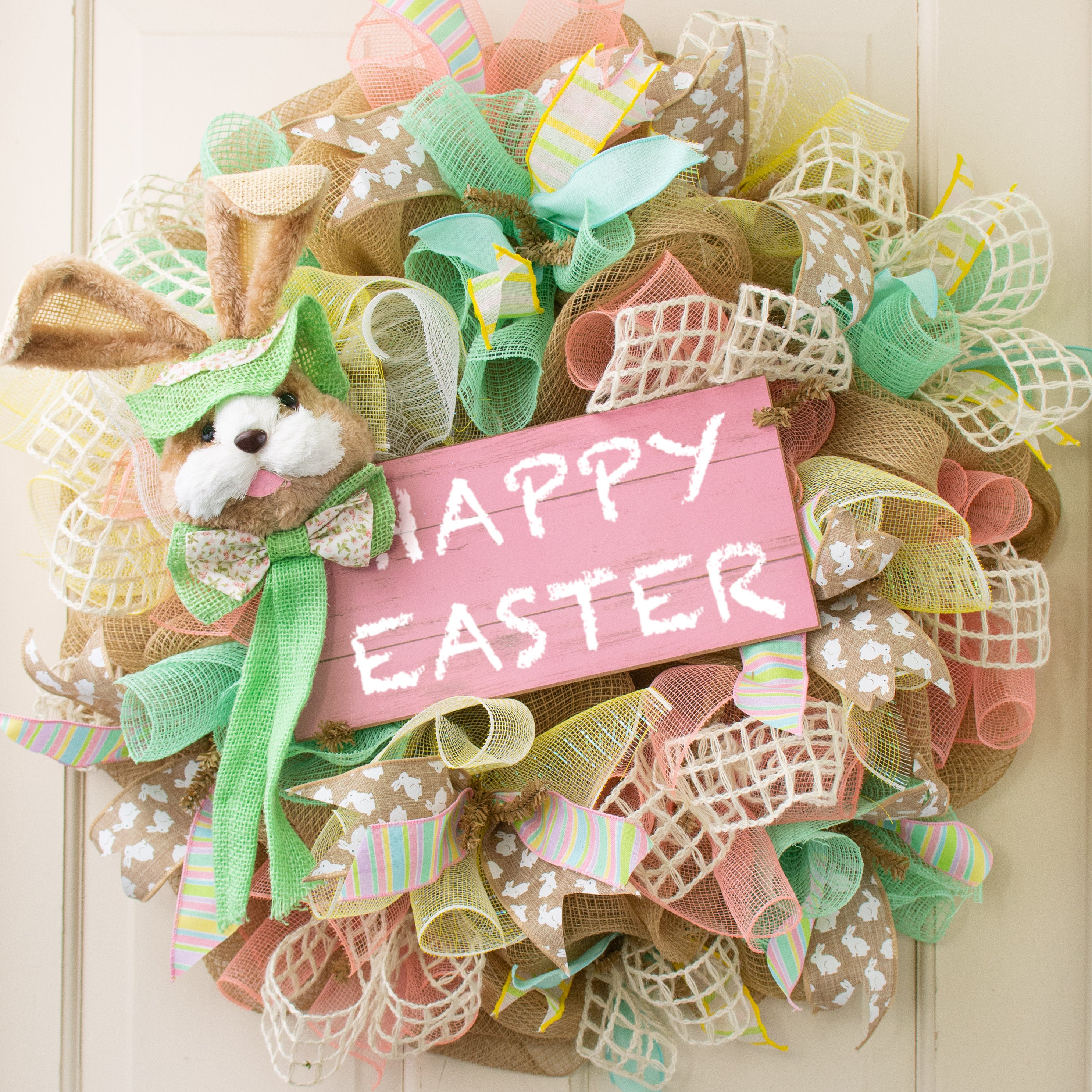 20" Sisal Bunny Head: Green With Floral Fabric Lifestyle Photo