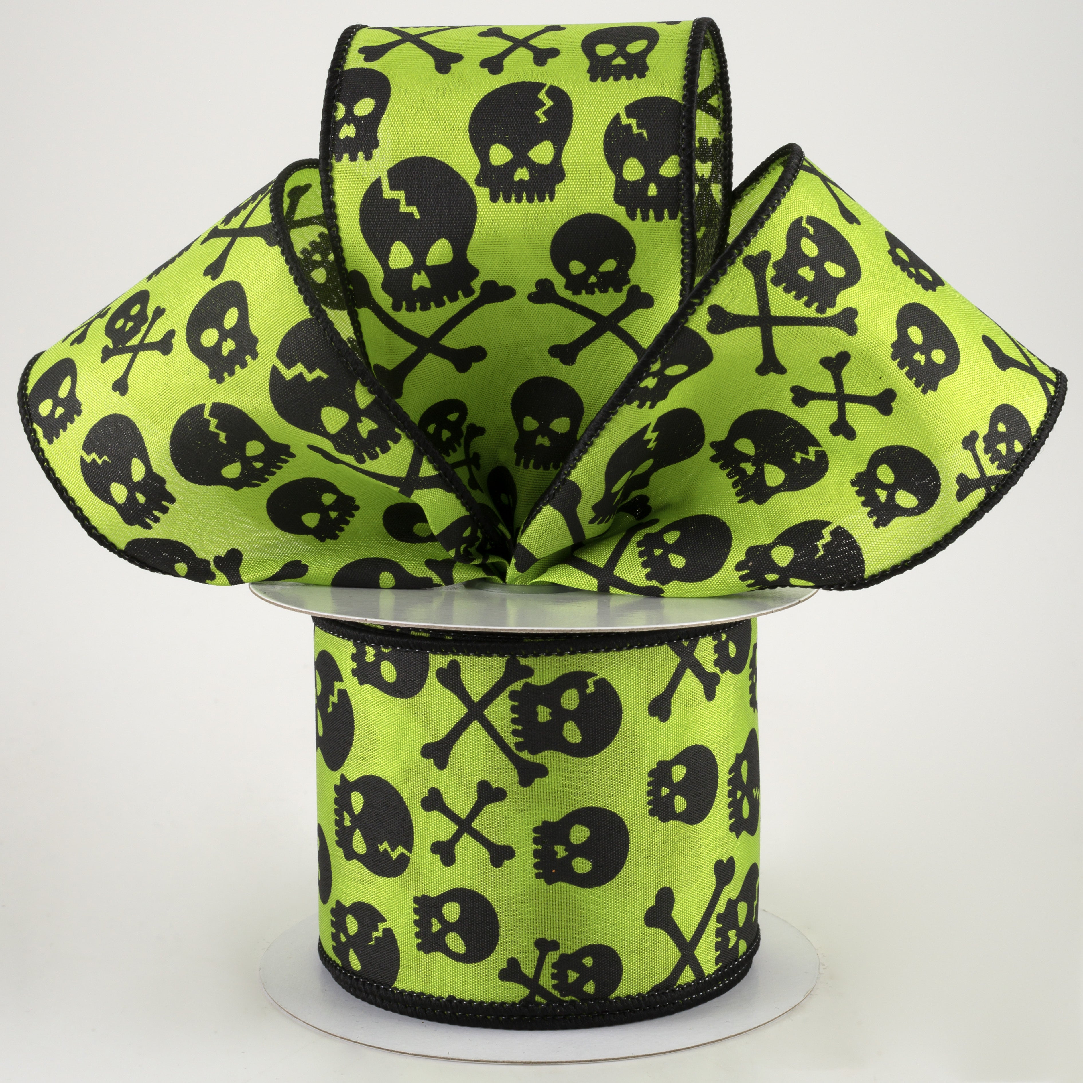 2.5" Skull and Crossbones Ribbon: Lime & Black (10 Yards) Lifestyle Photo