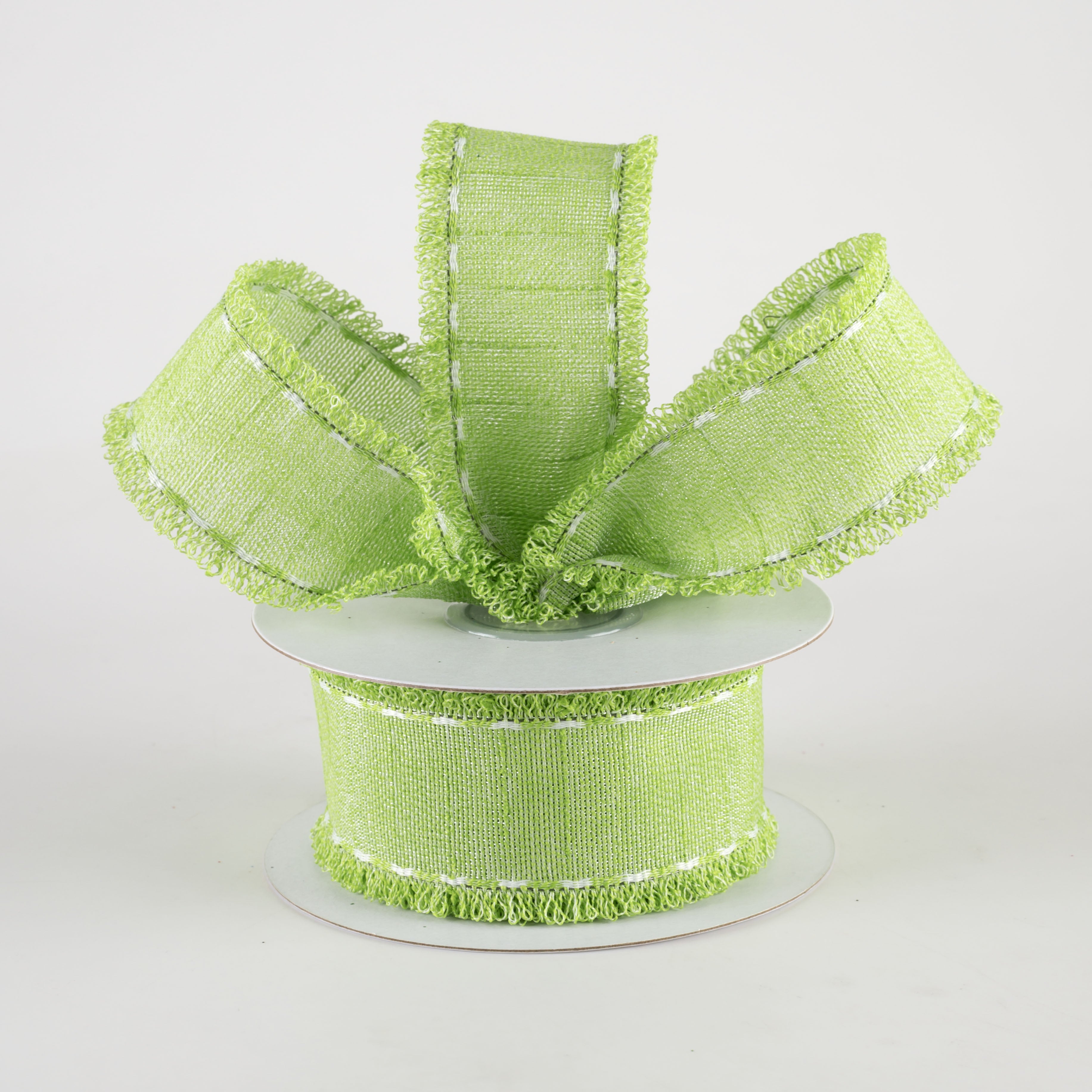 1.5" Slub Fuzzy Edge Ribbon: Lime Green & White (10 Yards) Lifestyle Photo