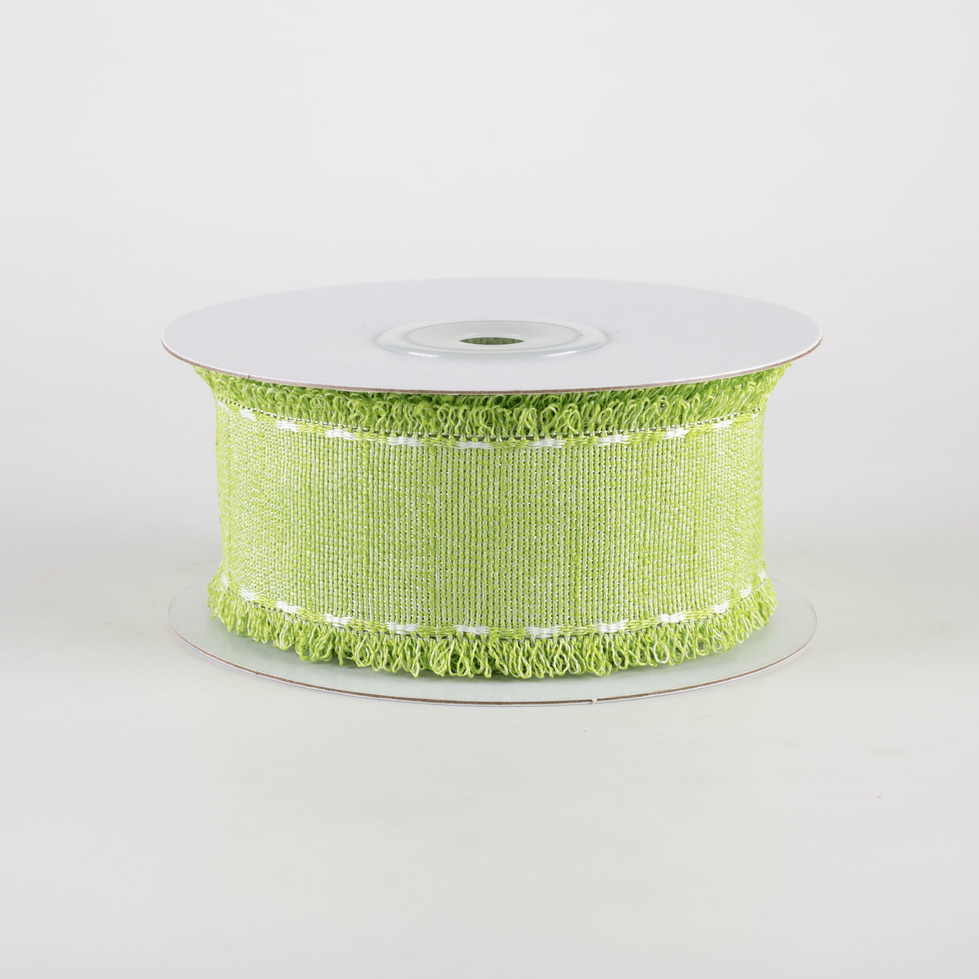 1.5" Slub Fuzzy Edge Ribbon: Lime Green & White (10 Yards)