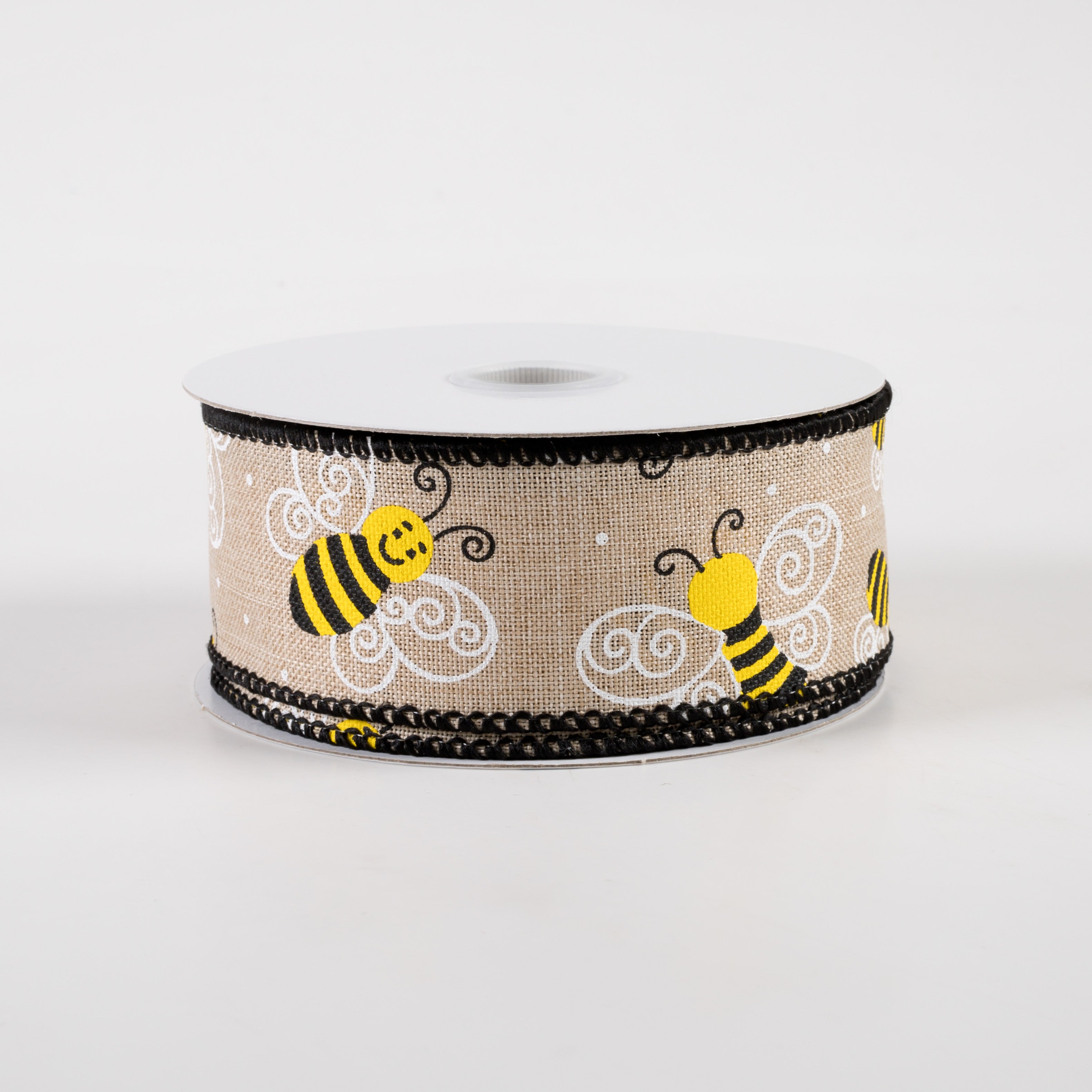 1.5" Smiling Bumble Bee Linen Ribbon: Natural (10 Yards)