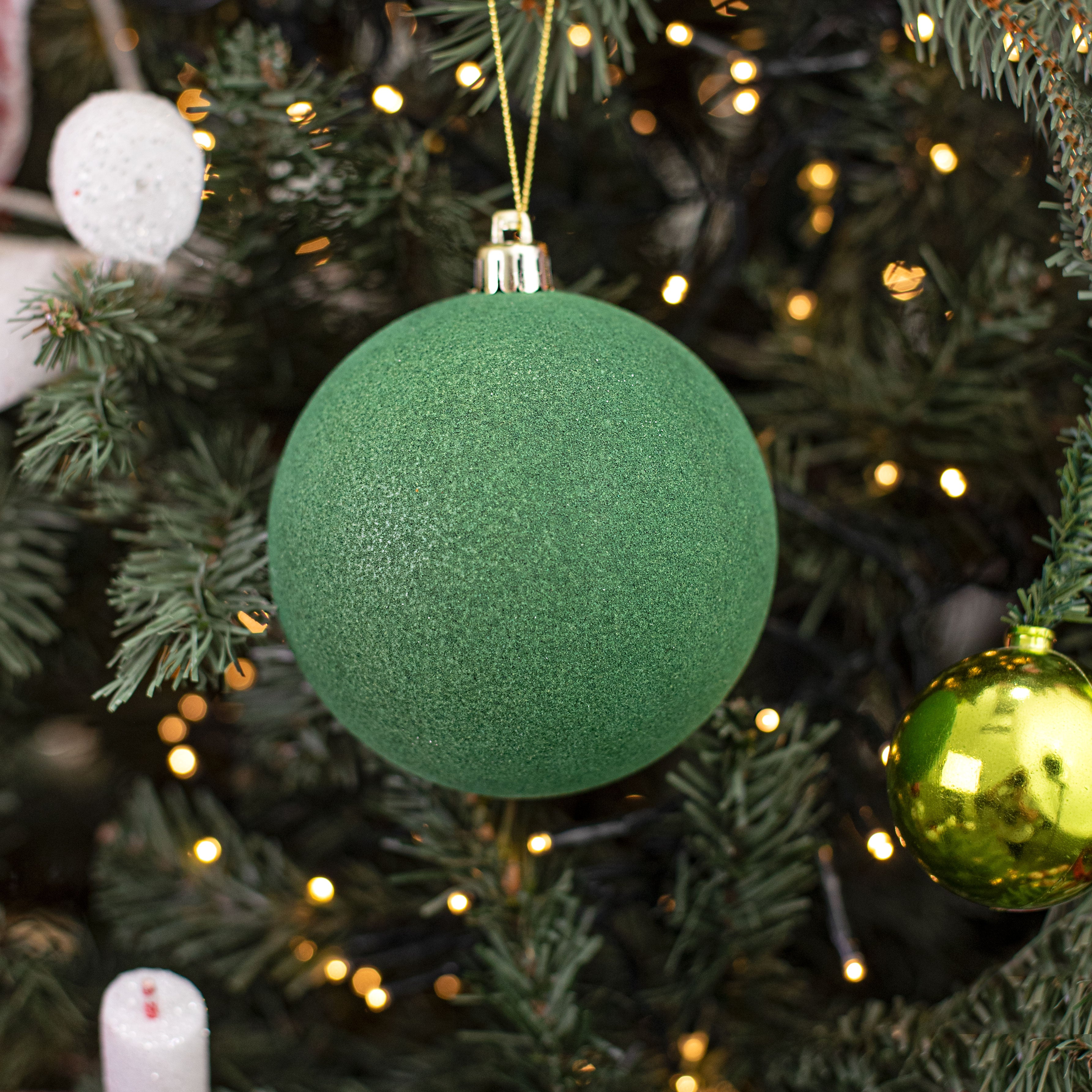 4" Smooth Flocked Ball Ornament: Emerald Green Lifestyle Photo