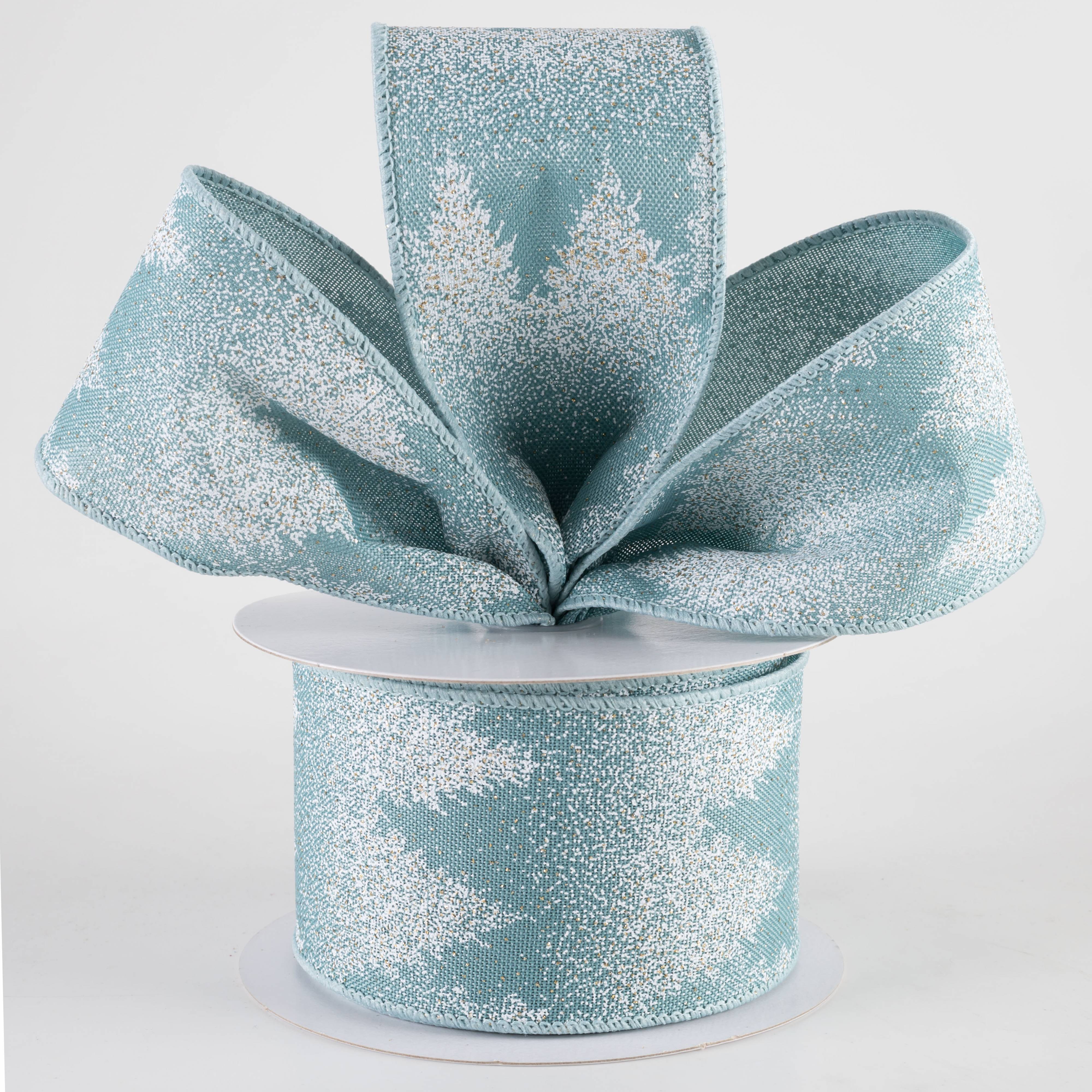 2.5" Snowed Out Dotted Gold Trees Ribbon: Dusty Teal (10 Yards) Lifestyle Photo
