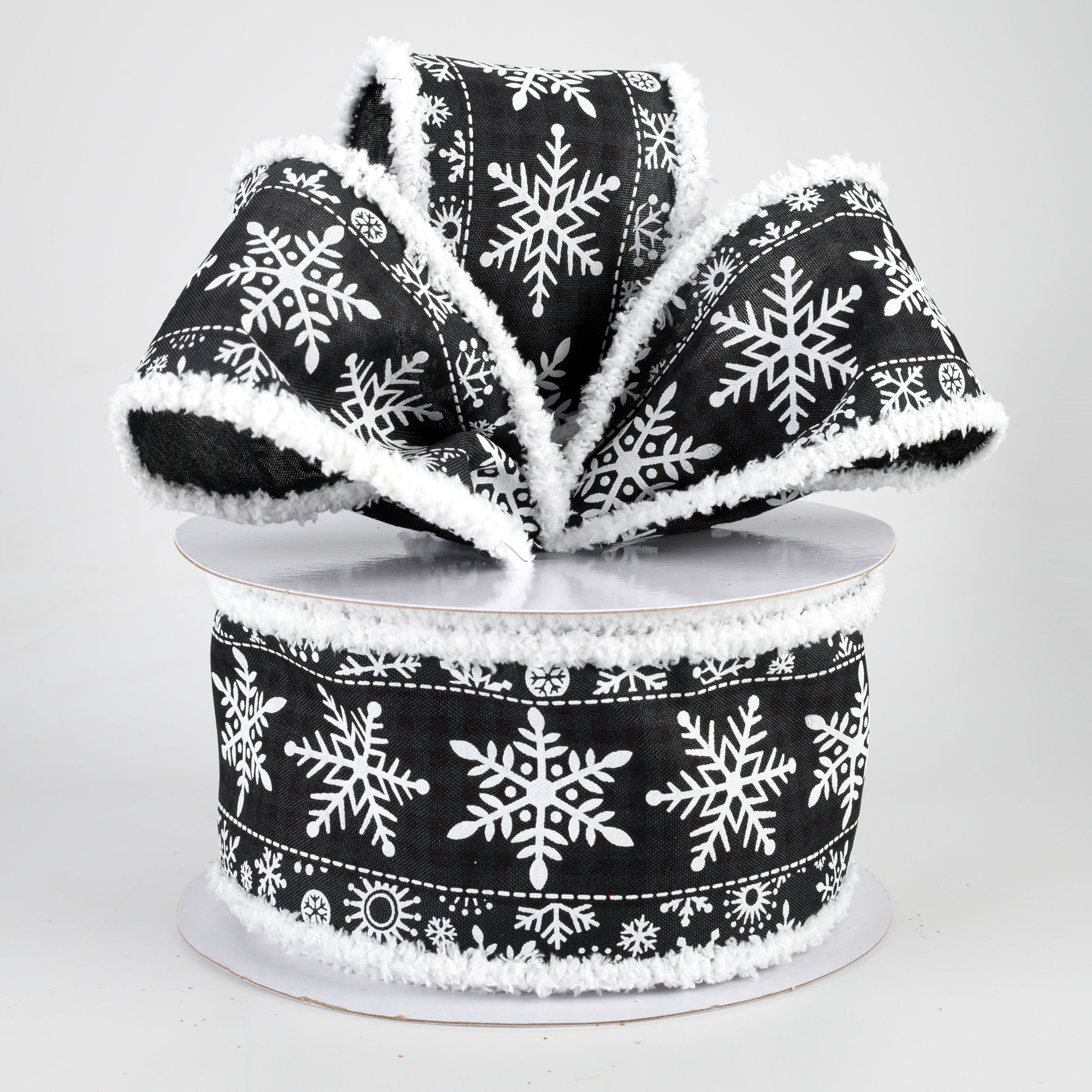 2.5" Snowflake Fuzzy Edge Ribbon: Black & White (10 Yards) Lifestyle Photo