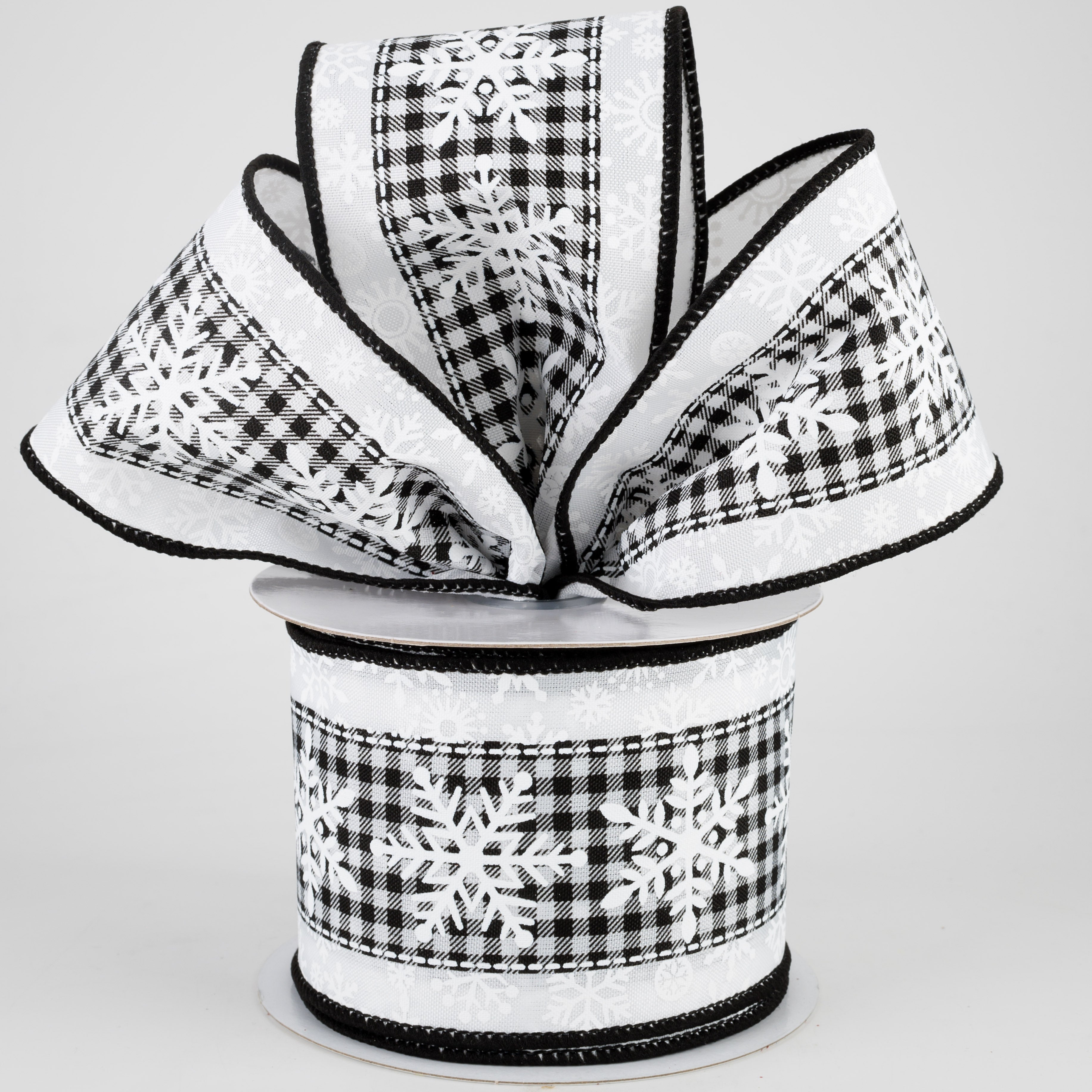 2.5" Snowflake On Check Center Ribbon: Black & White (10 Yards) Lifestyle Photo