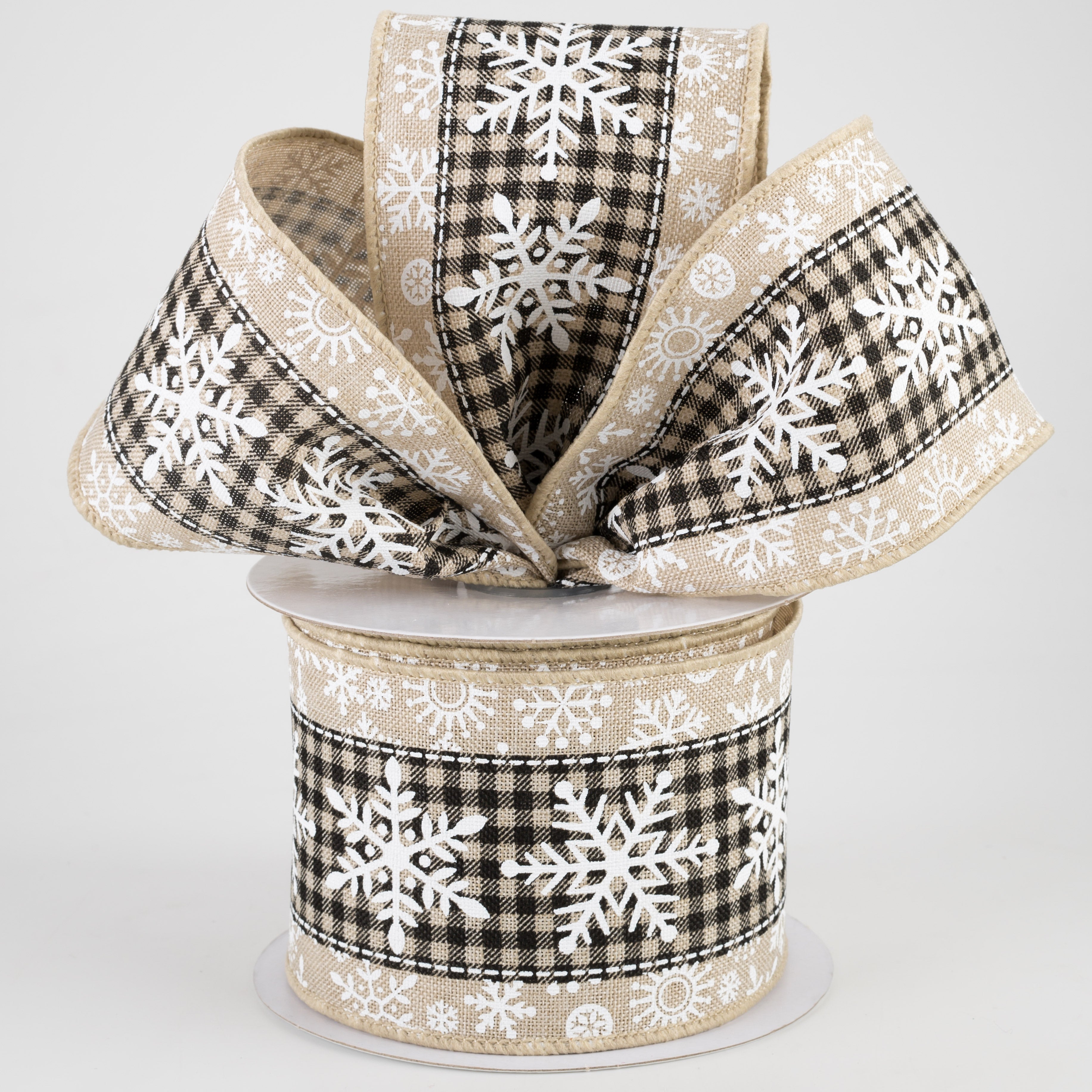 2.5" Snowflake On Check Center Ribbon: Light Natural, Black, White (10 Yards) Lifestyle Photo