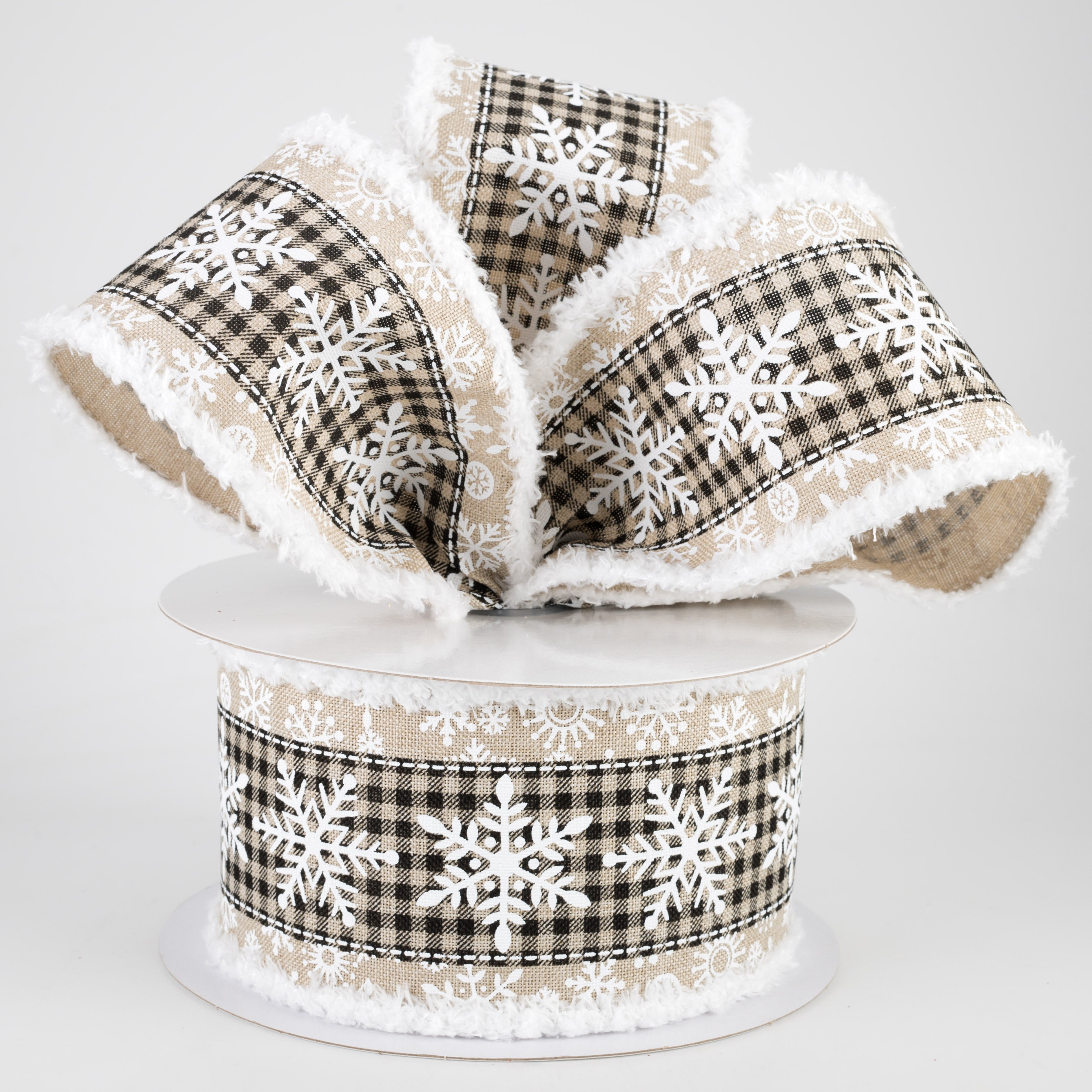 2.5" Snowflake On Check Fuzzy Edge Ribbon: Light Natural, Black, White (10 Yards) Lifestyle Photo