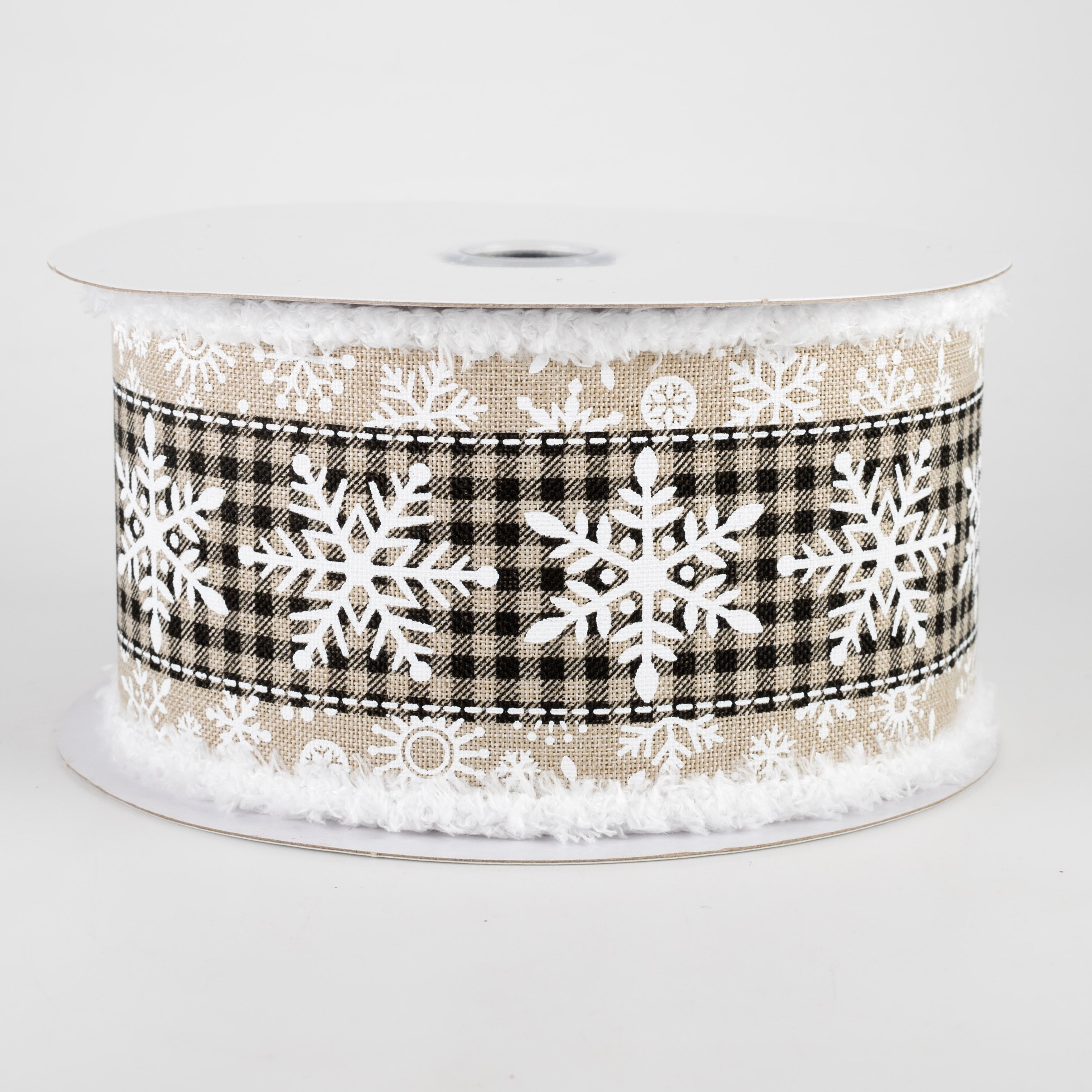 2.5" Snowflake On Check Fuzzy Edge Ribbon: Light Natural, Black, White (10 Yards)