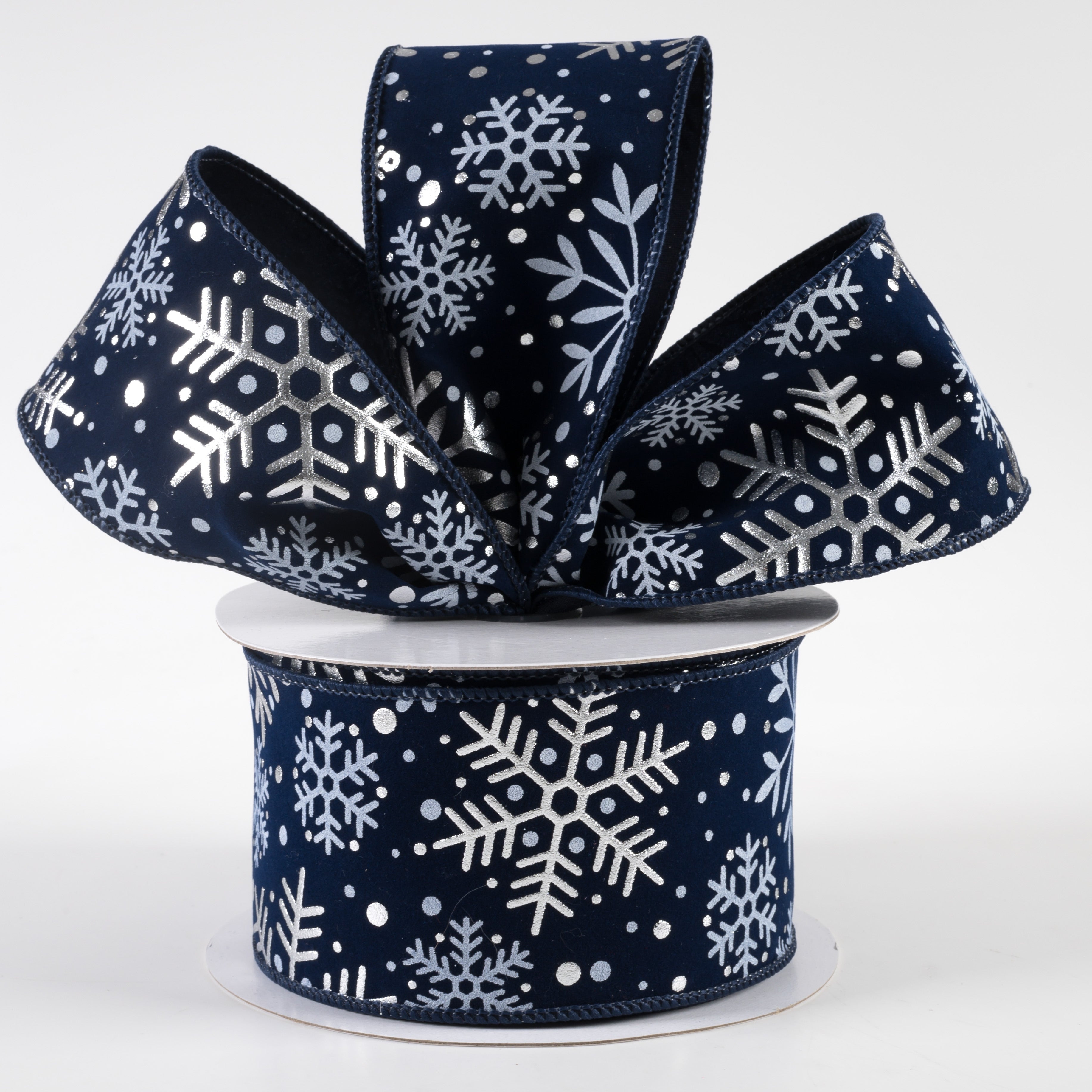 2.5" Snowflakes on Velvet Ribbon: Navy Blue & Silver (10 Yards) Lifestyle Photo