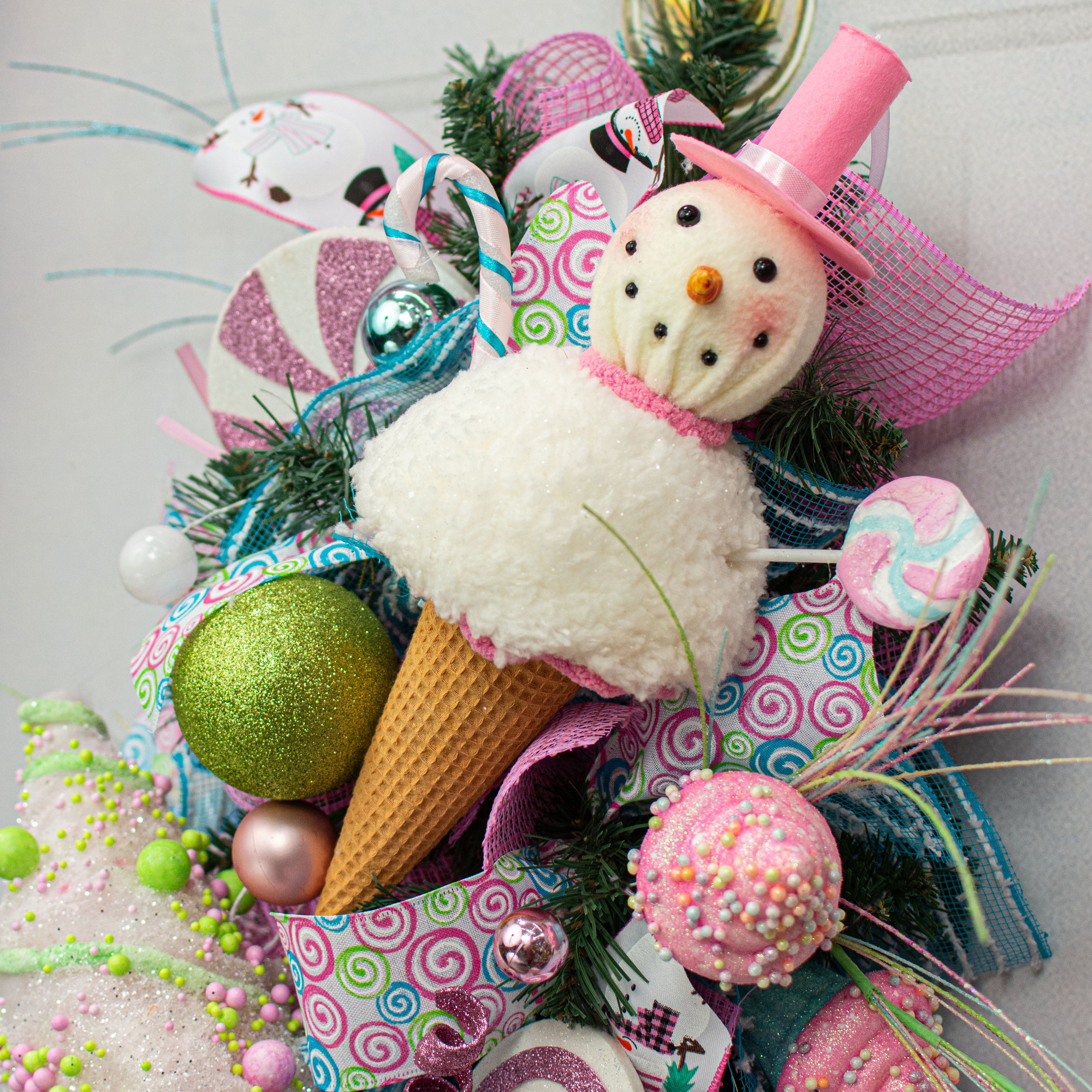 14" Snowman & Candy Ice Cream Ornament: Pink & Blue detail photo 5