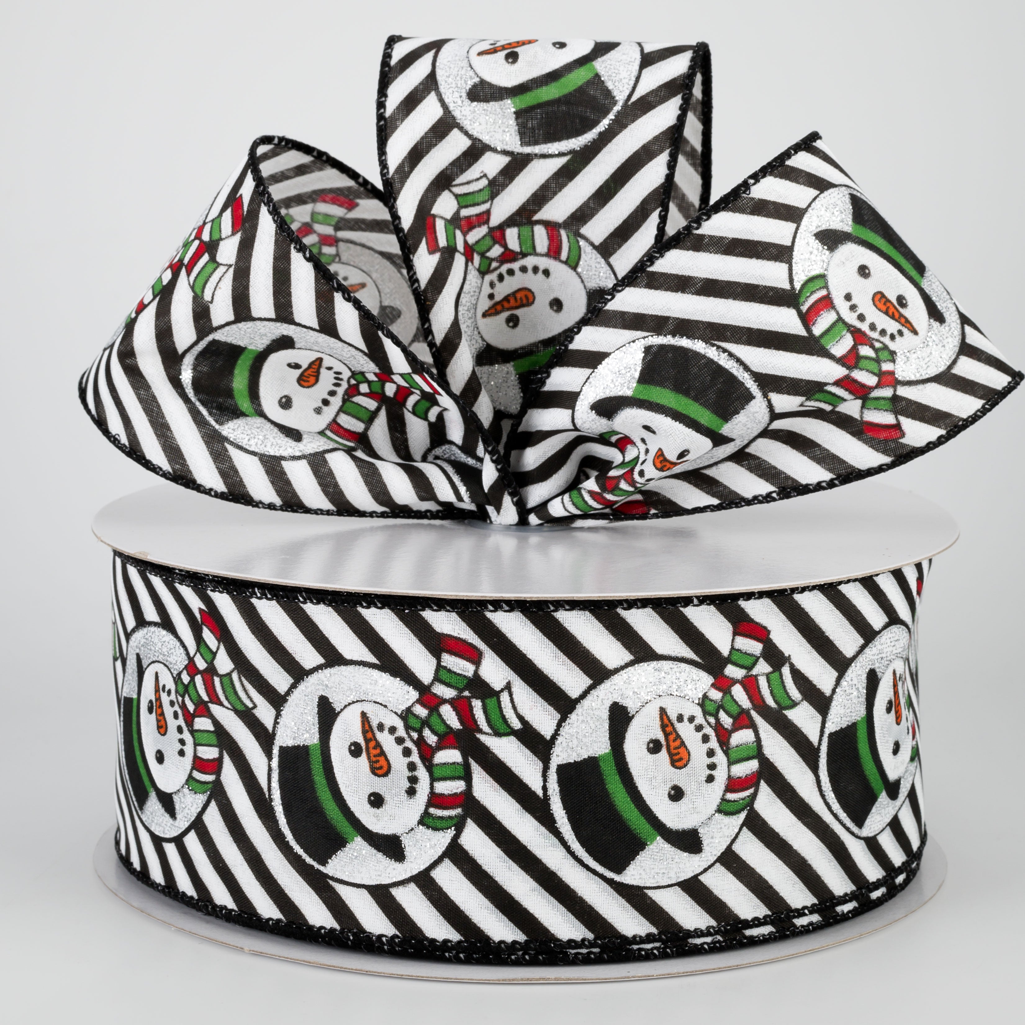 2.5" Snowman Head & Diagonal Stripes Ribbon: Black & White (50 Yards) Lifestyle Photo