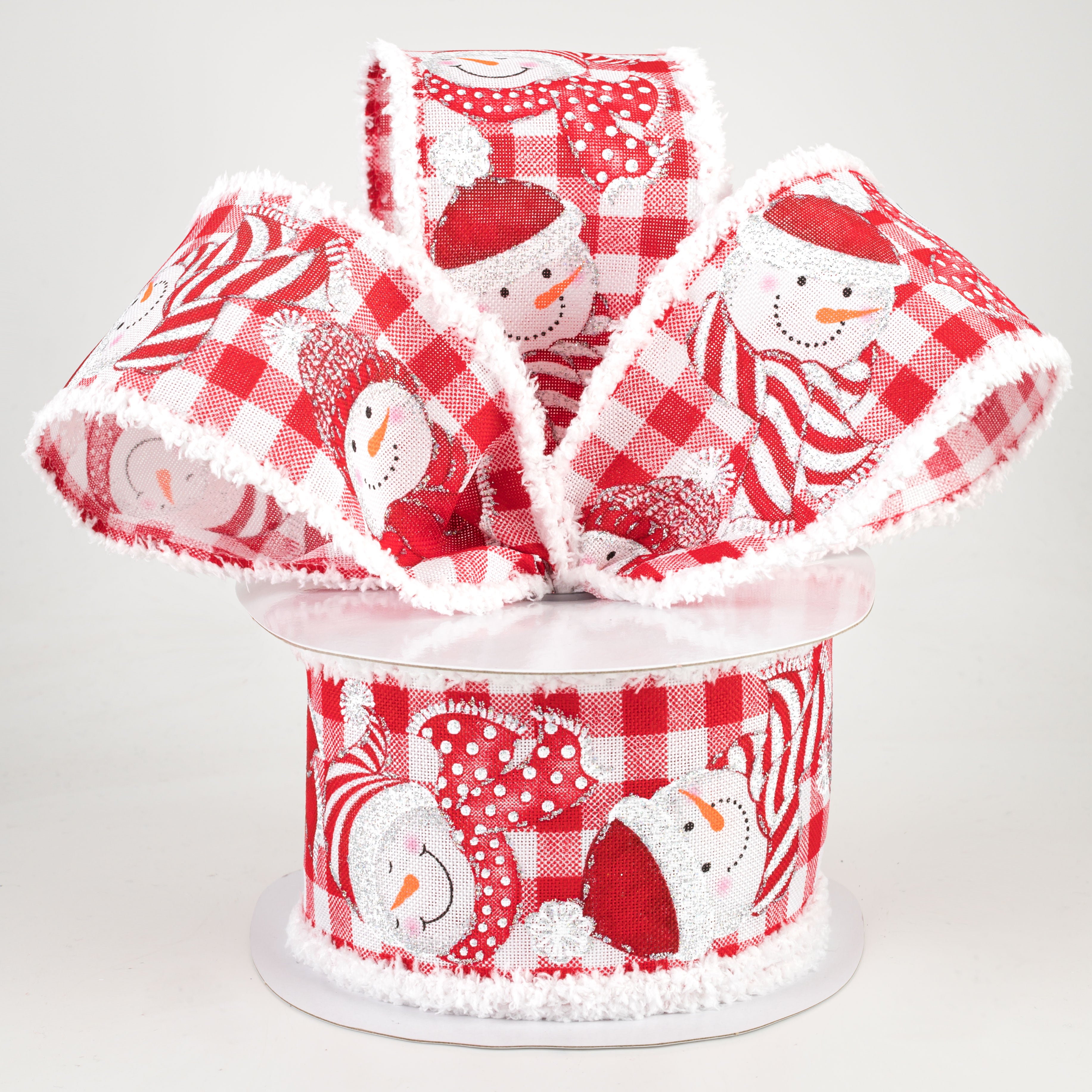 2.5" Snowman On Check Fuzzy Edge Ribbon: Red, White, Silver (10 Yards) Lifestyle Photo