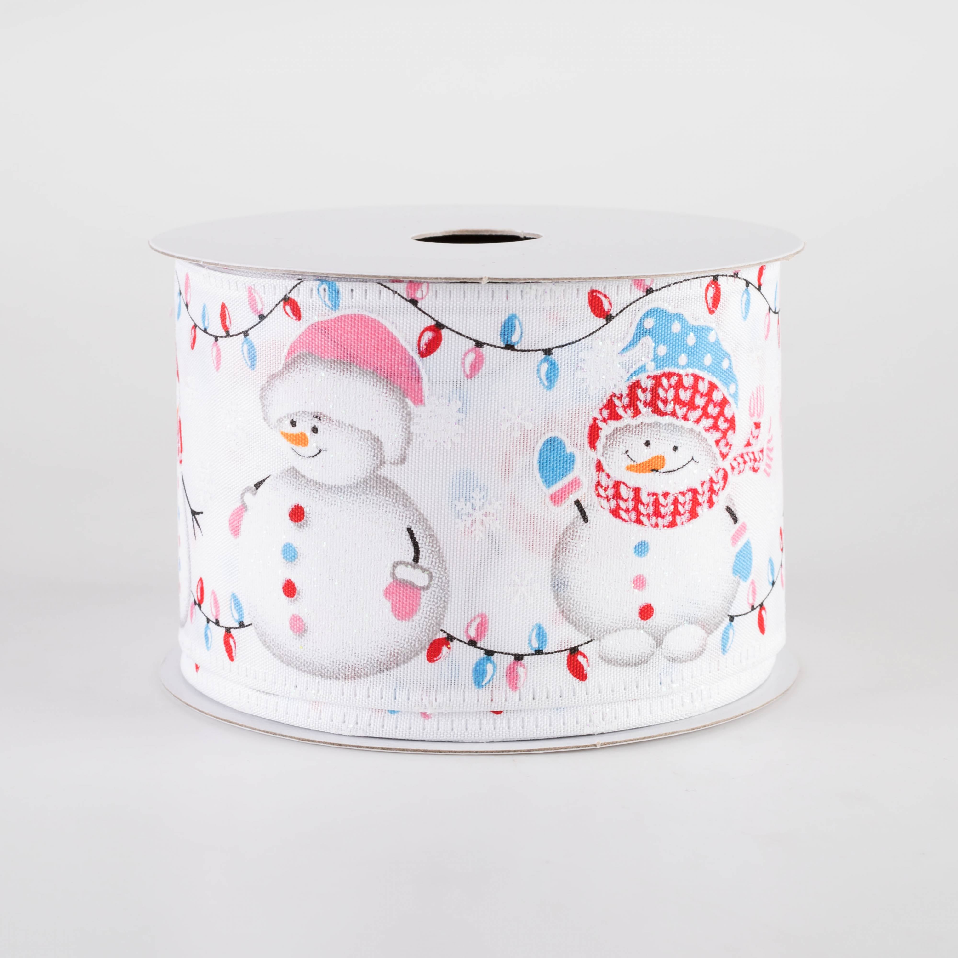 2.5" Snowmen in Christmas Lights Ribbon: Red, Pink & Blue on White (10 Yards) Item Number: 76458-40-01