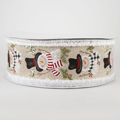 2.5" Snowmen With Scarves & Pine Fuzzy Edge Ribbon: Light Natural (50 Yards)