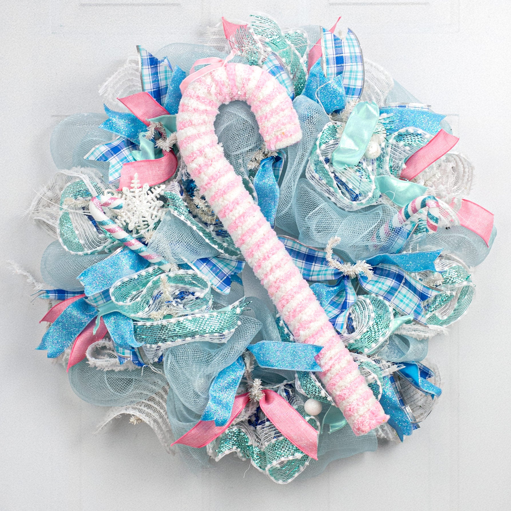 20" Snowy Peppermint Candy Cane Large Ornament: Pink & White Lifestyle Photo
