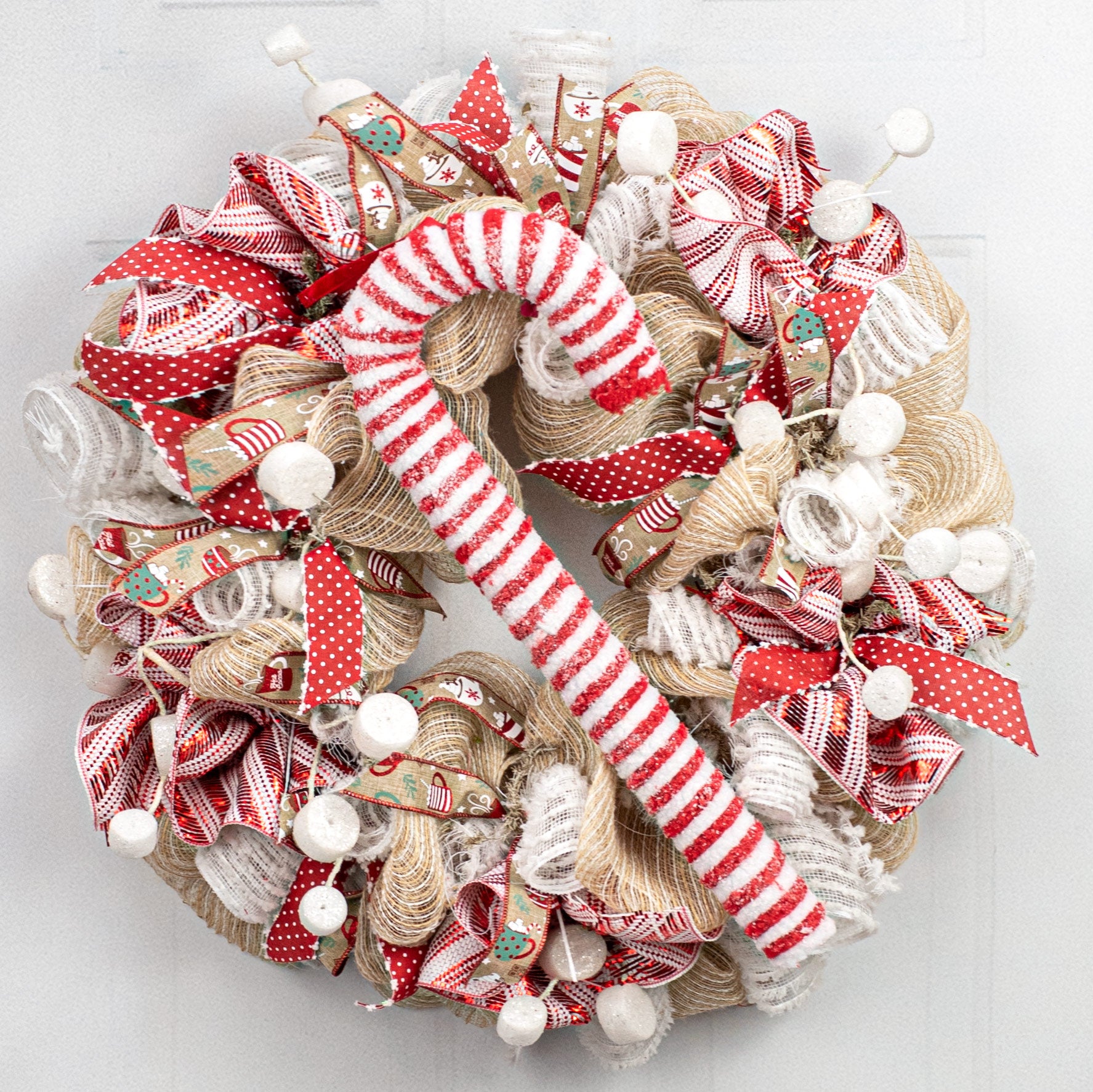20" Snowy Peppermint Candy Cane Large Ornament: Red & White Lifestyle Photo