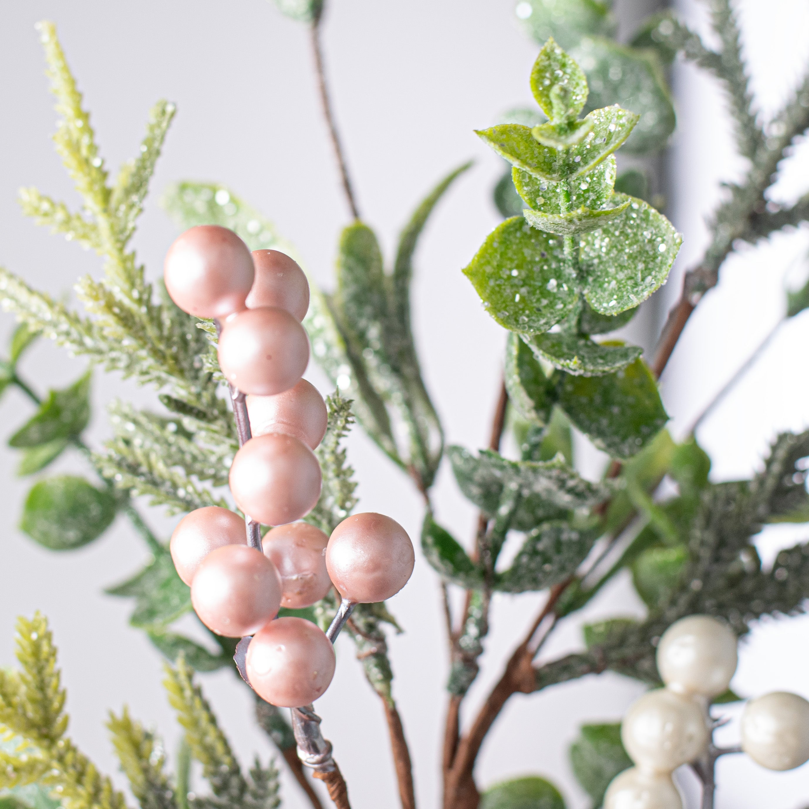 16" Sparkle Mix Leaves with Pink & White Pearl Berry Spray Lifestyle Photo