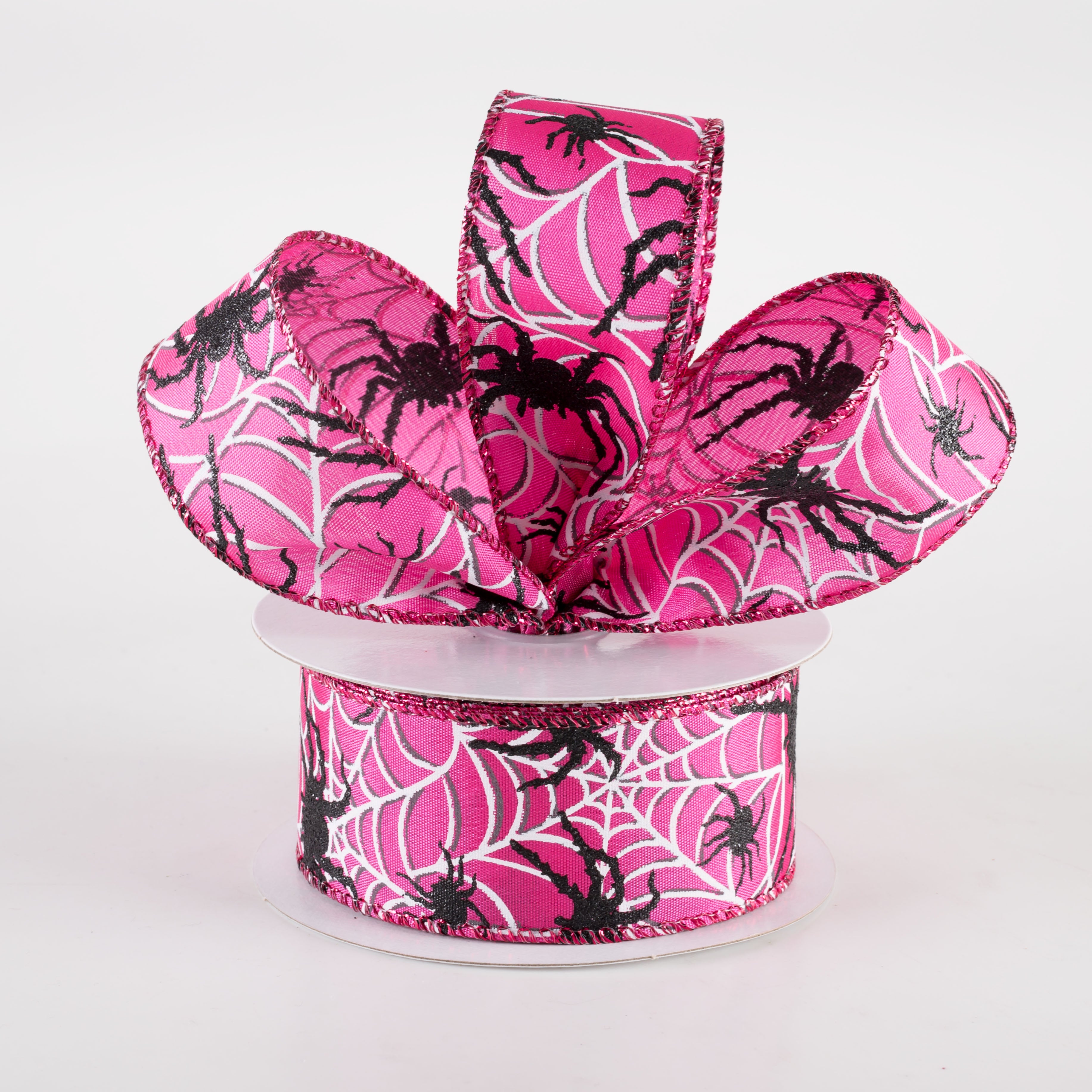 1.5" Spider & White Spiderwebs Ribbon: Fuchsia Pink (10 Yards) Lifestyle Photo