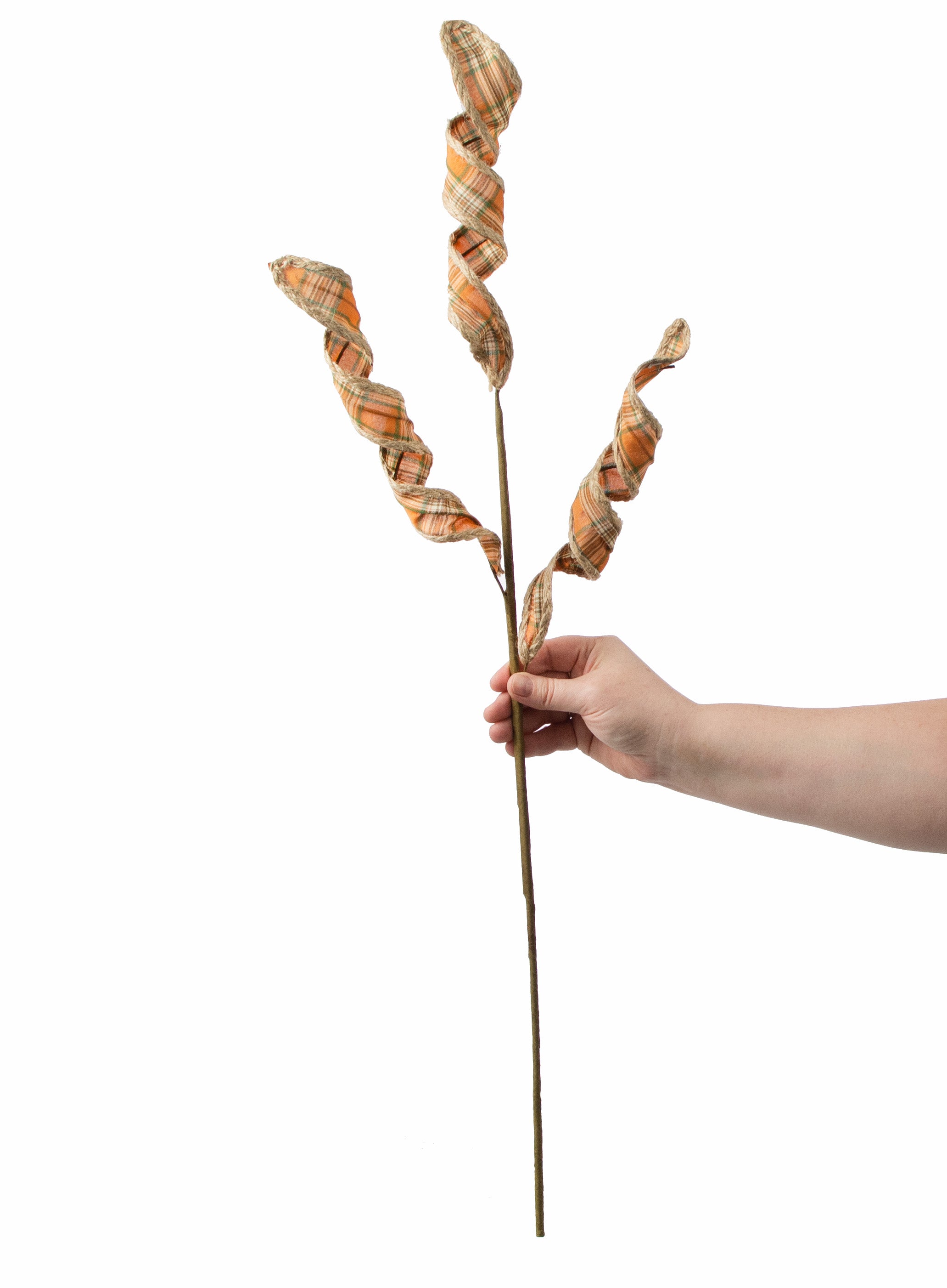 30" Spiral Scarecrow Plaid Fabric Jute Trim Spray: Orange, Brown, Cream, Green detail photo 3