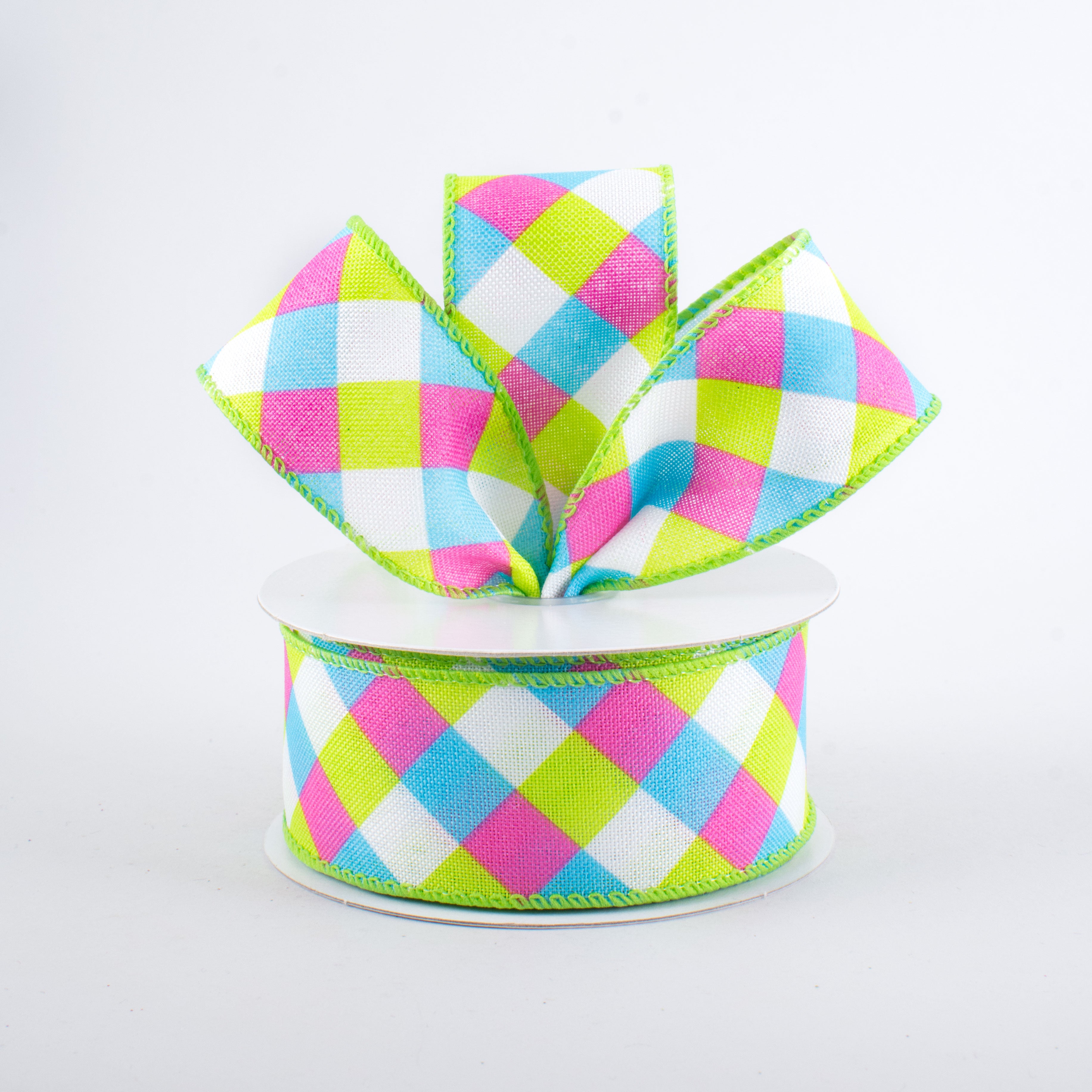 1.5" Spring Gingham Plaid Ribbon: Blue, Pink, Lime (10 Yards) Lifestyle Photo