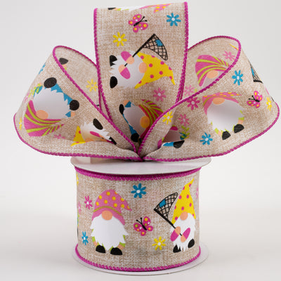2.5" Spring Gnomes Print Linen Ribbon: Natural (10 Yards) Lifestyle Photo