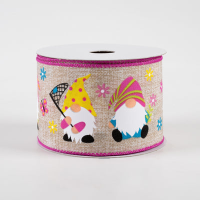 2.5" Spring Gnomes Print Linen Ribbon: Natural (10 Yards) Item Number: 41339-40-01