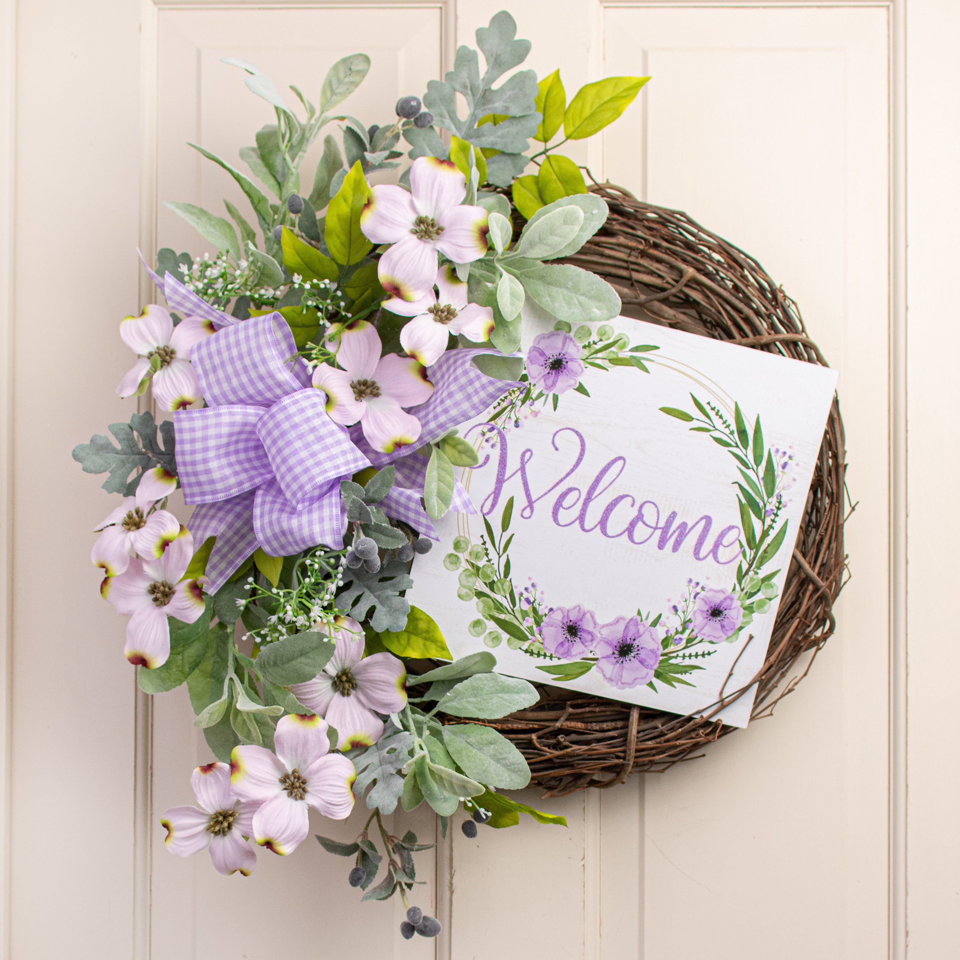 10" Square Wooden Sign: Glitter Welcome Floral Wreath White & Lavender Lifestyle Photo