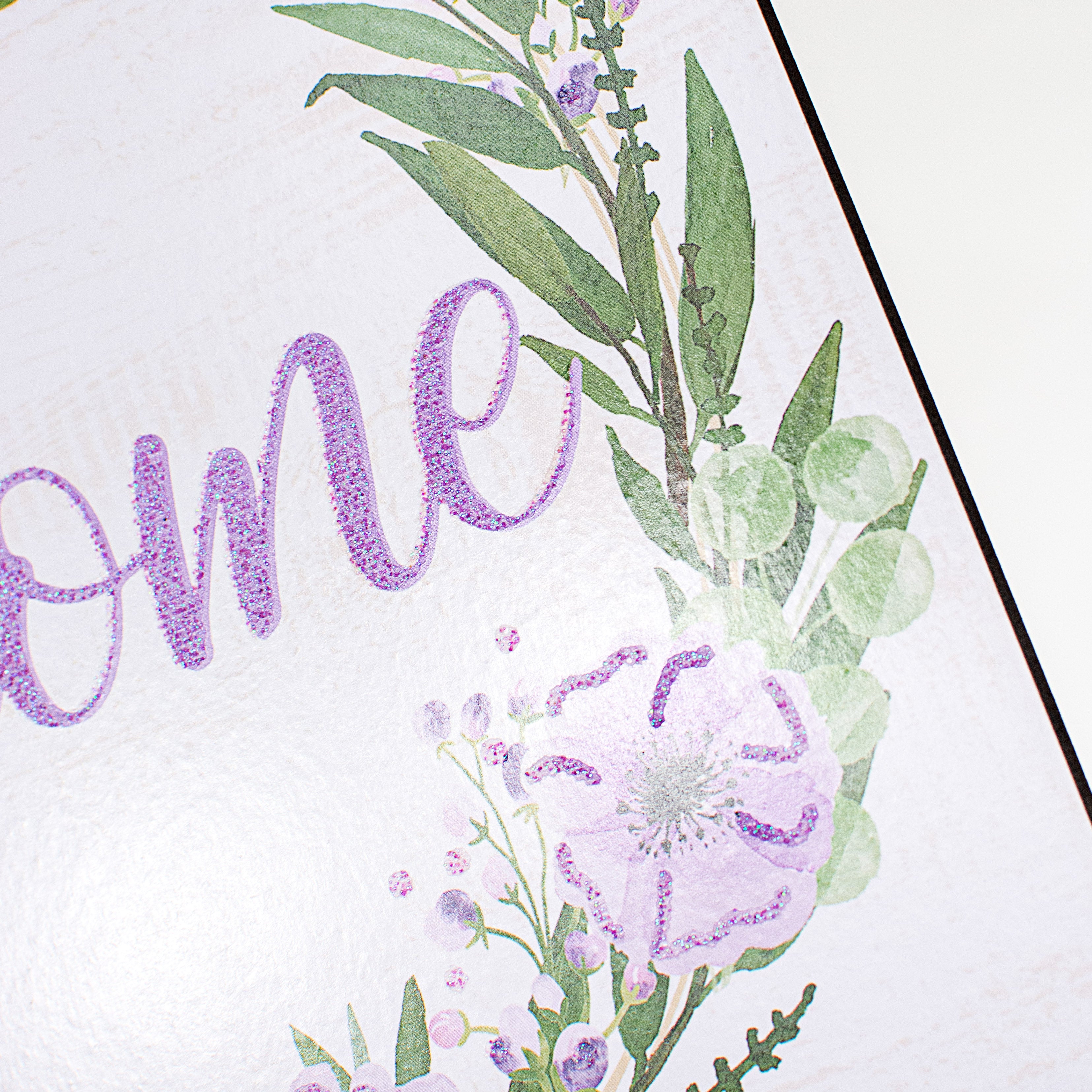 10" Square Wooden Sign: Glitter Welcome Floral Wreath White & Lavender detail photo 3