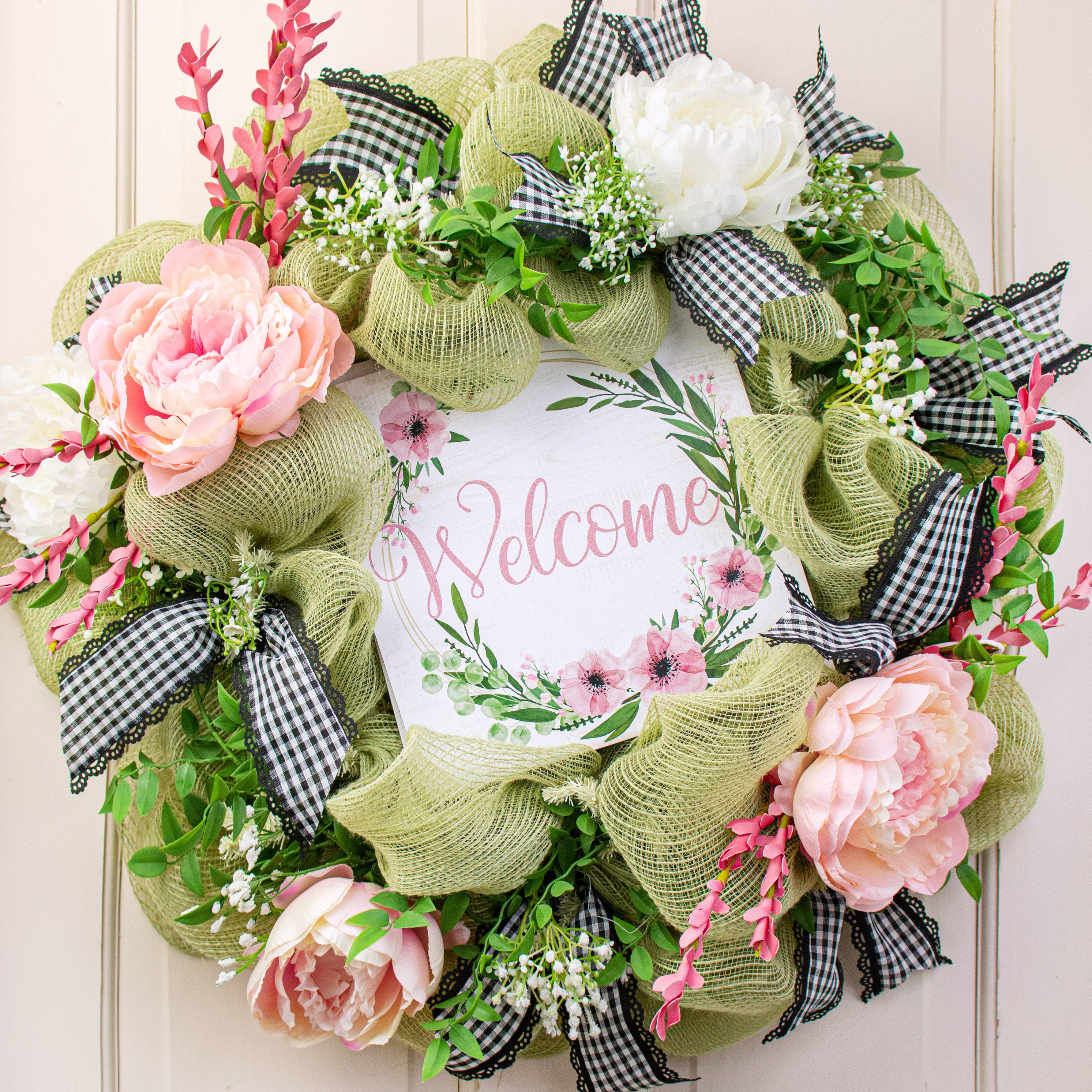 10" Square Wooden Sign: Glitter Welcome Floral Wreath White & Pink Lifestyle Photo