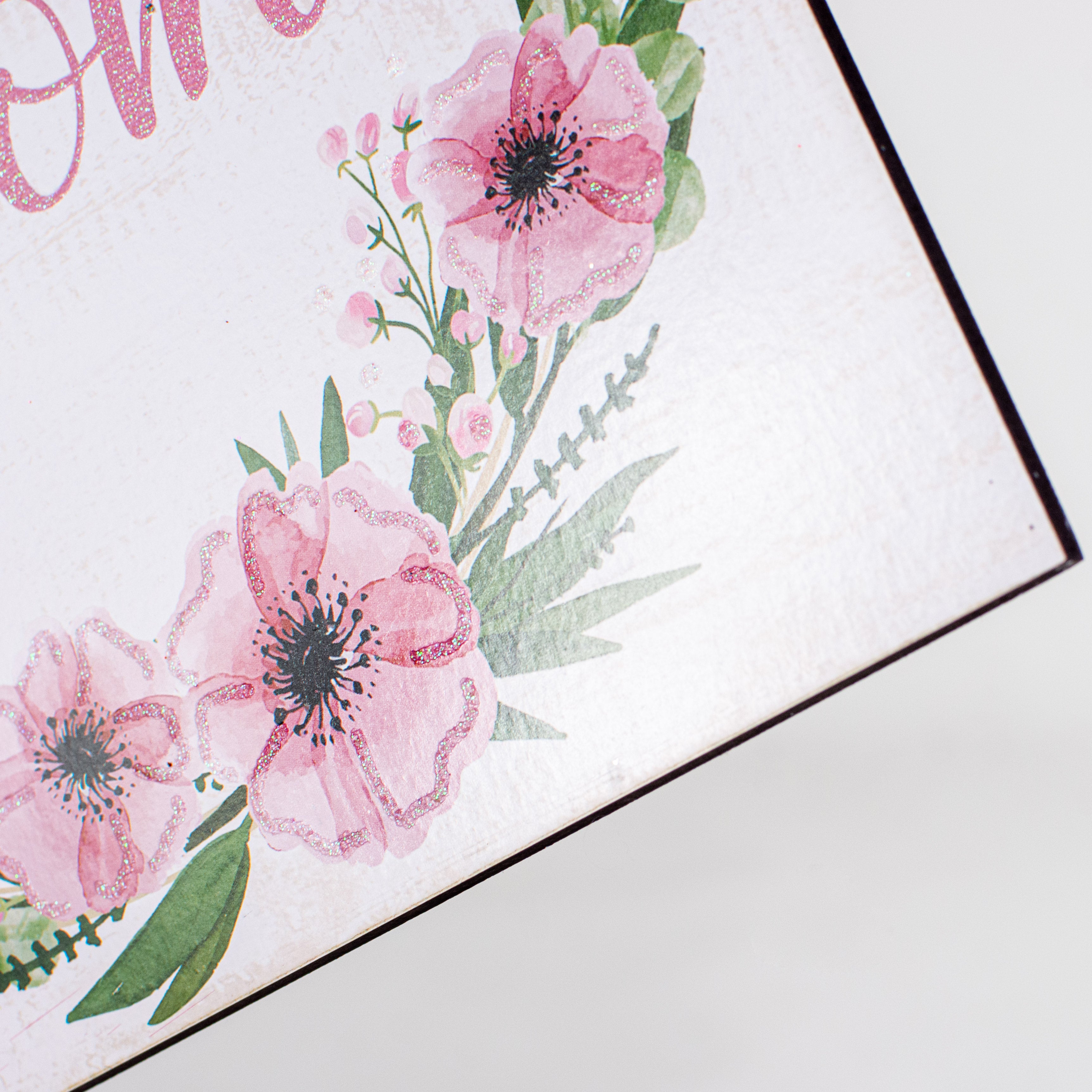 10" Square Wooden Sign: Glitter Welcome Floral Wreath White & Pink detail photo 3