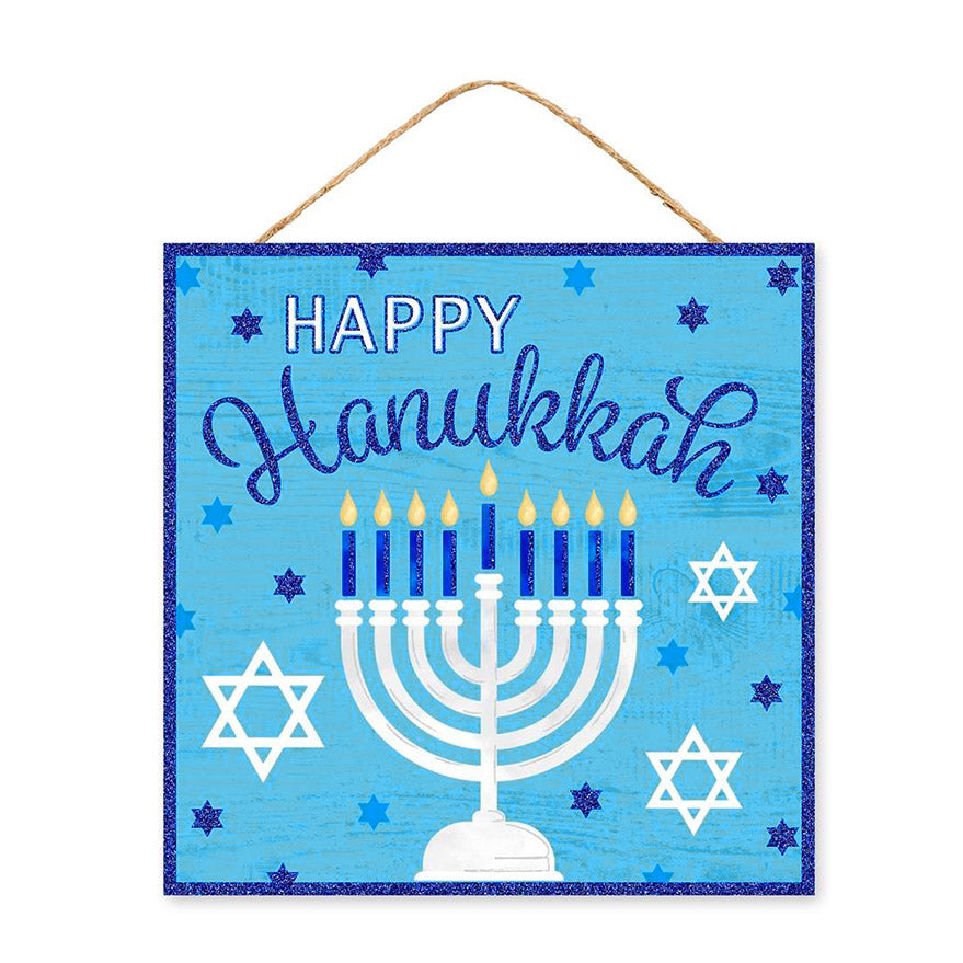 10" Square Wooden Sign: Happy Hanukkah Glitter Menorah Item Number: AP8969