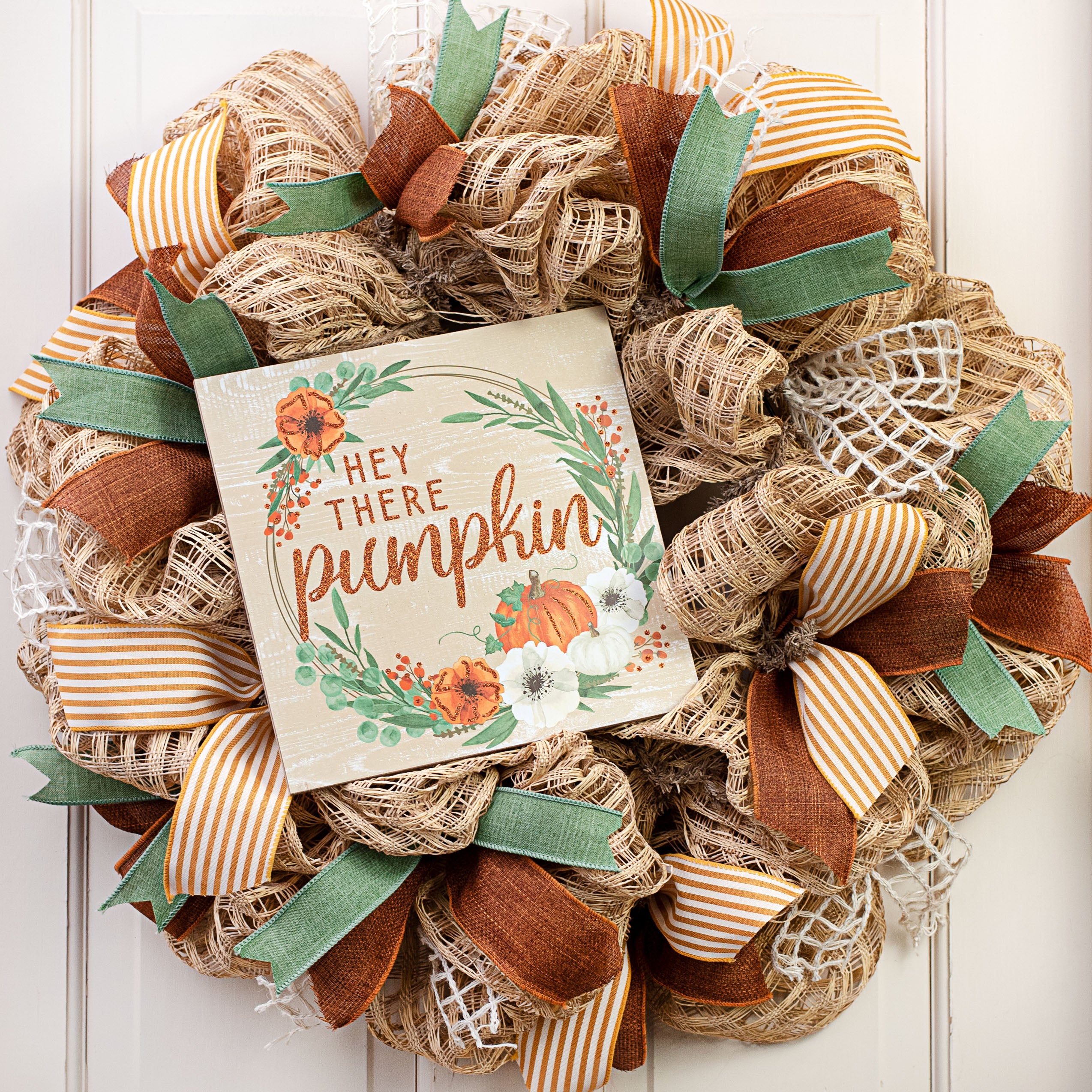 10" Square Wooden Sign: Hey There Pumpkin Glitter, Light Beige Lifestyle Photo