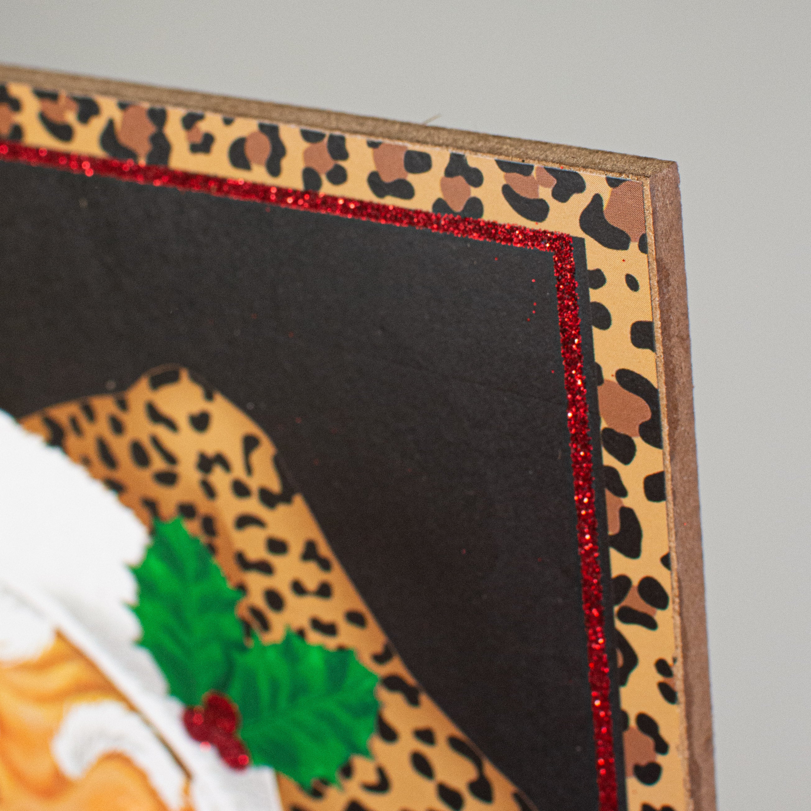 10" Square Wooden Sign: Ho Ho Ho Leopard Santa detail photo 3