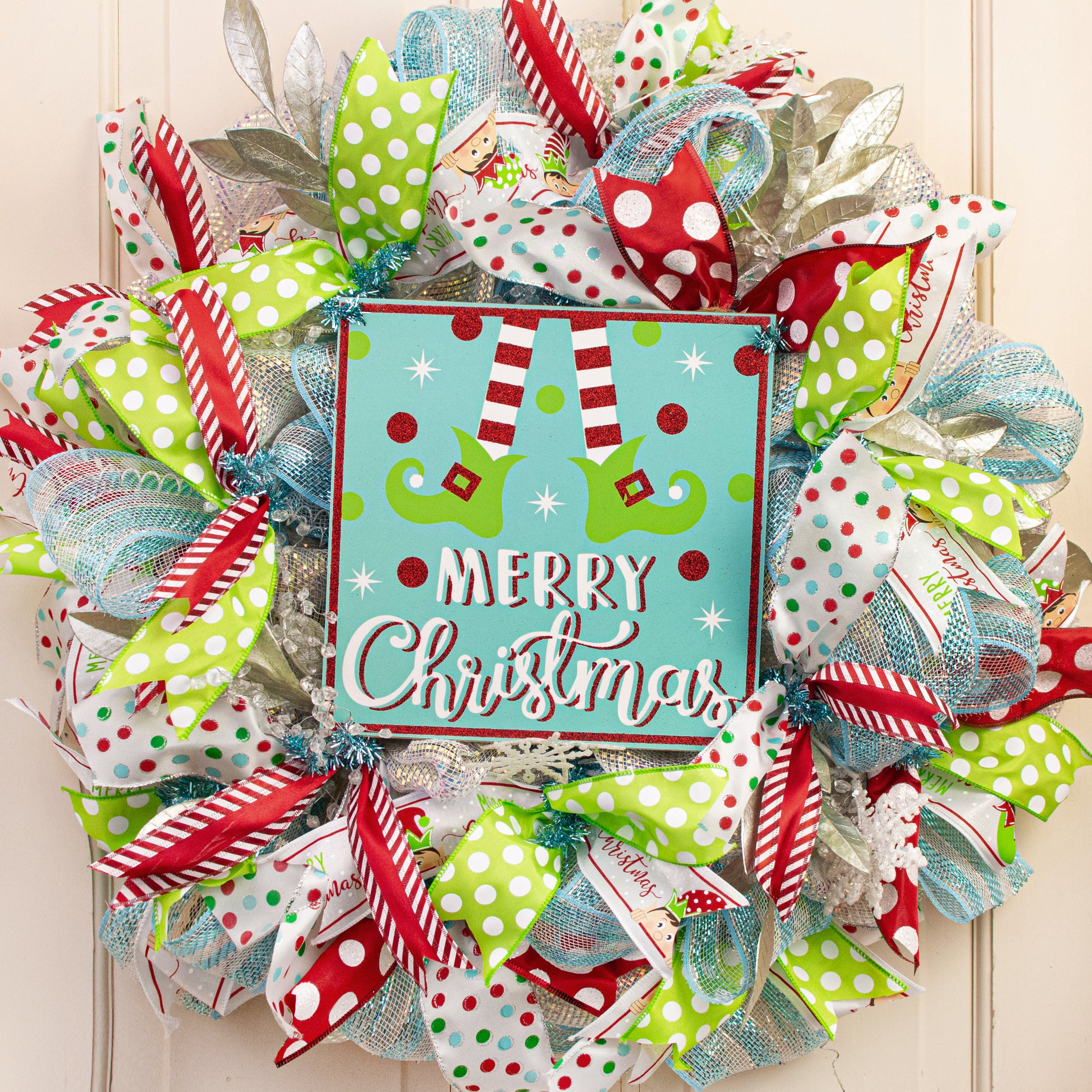 10" Square Wooden Sign: Ice Blue Glitter Christmas Elf Lifestyle Photo