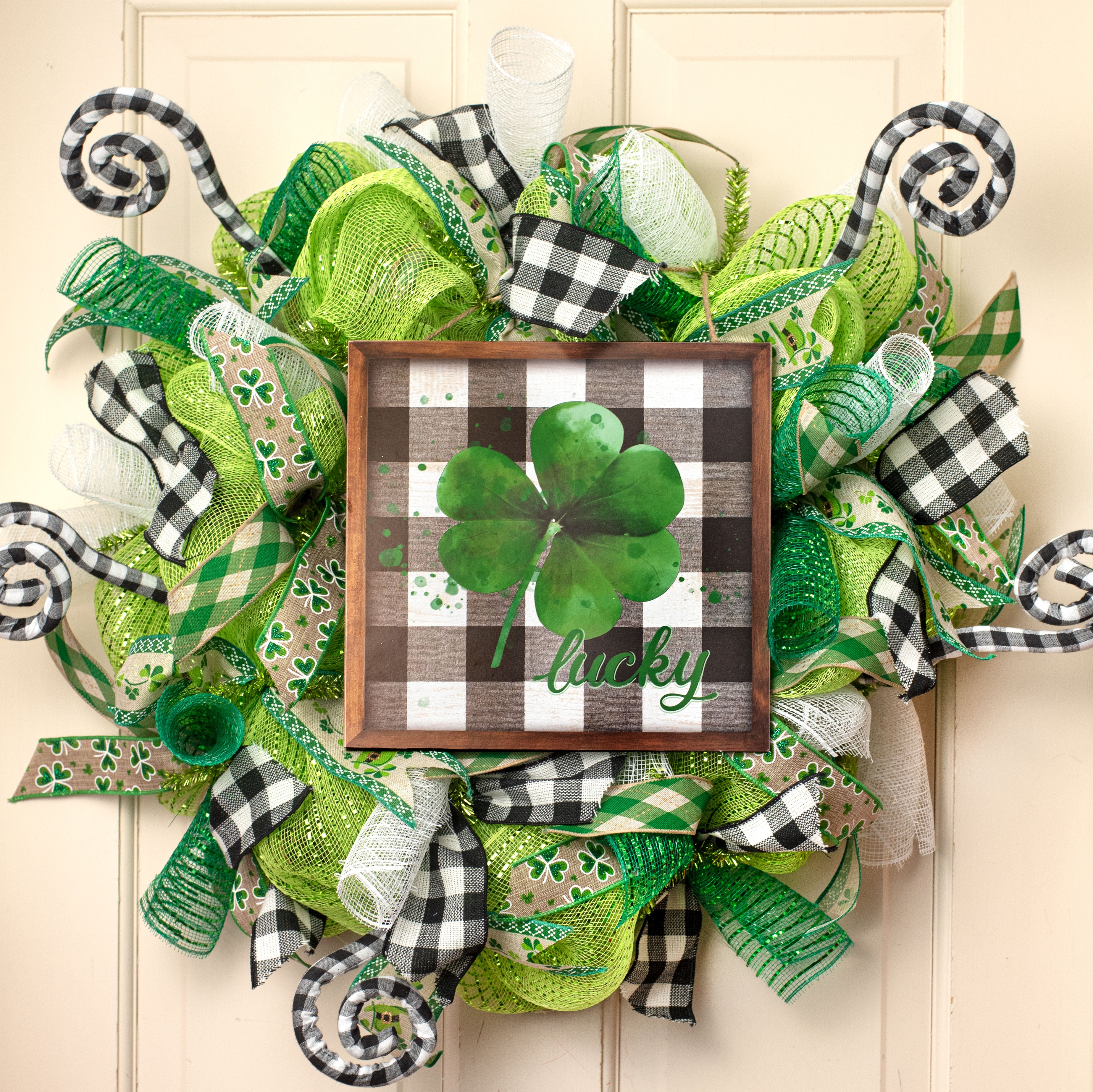 10" Square Wooden Sign: Lucky Shamrock Plaid Lifestyle Photo